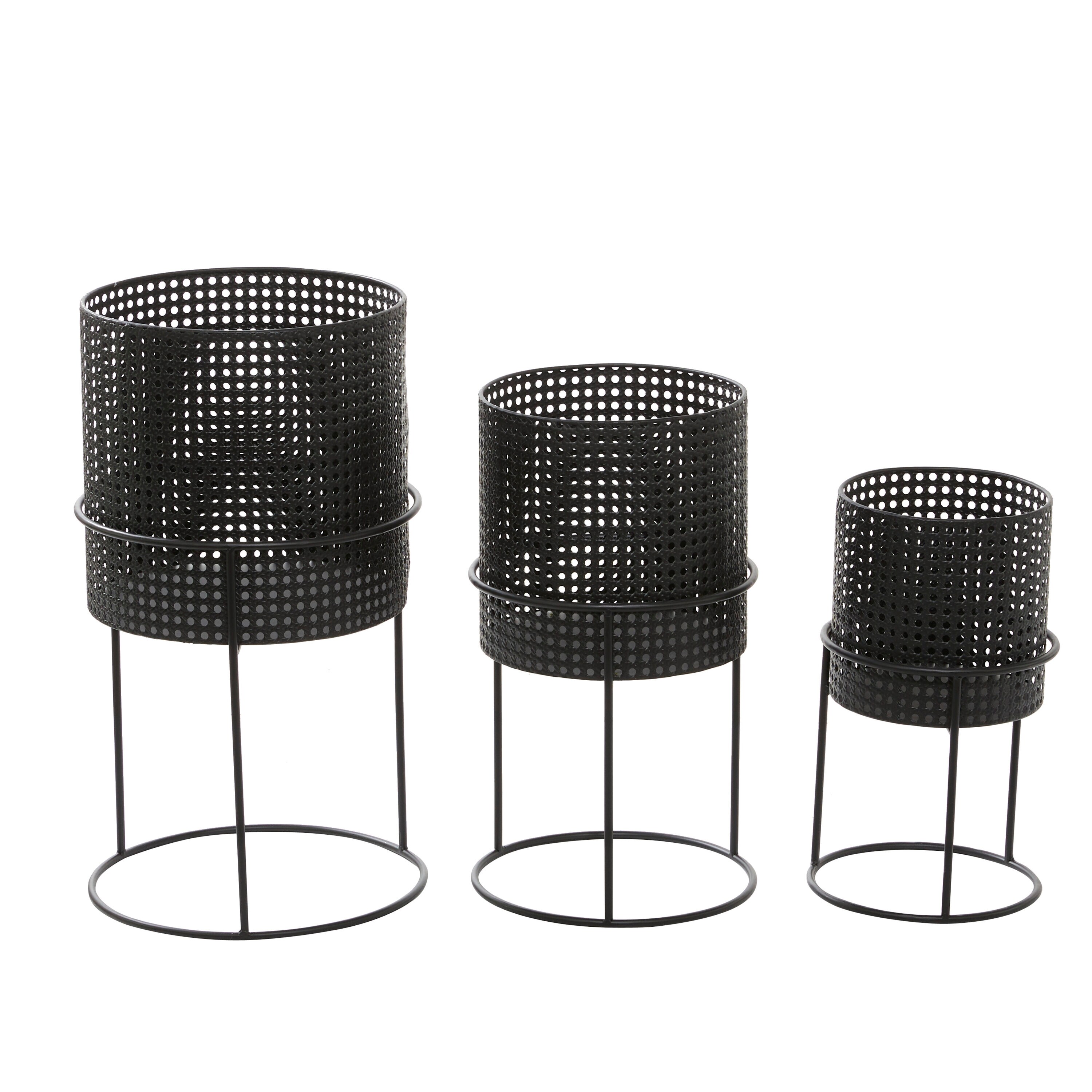Set of 3 Black Metal Perforated Cylinder Floor Planters