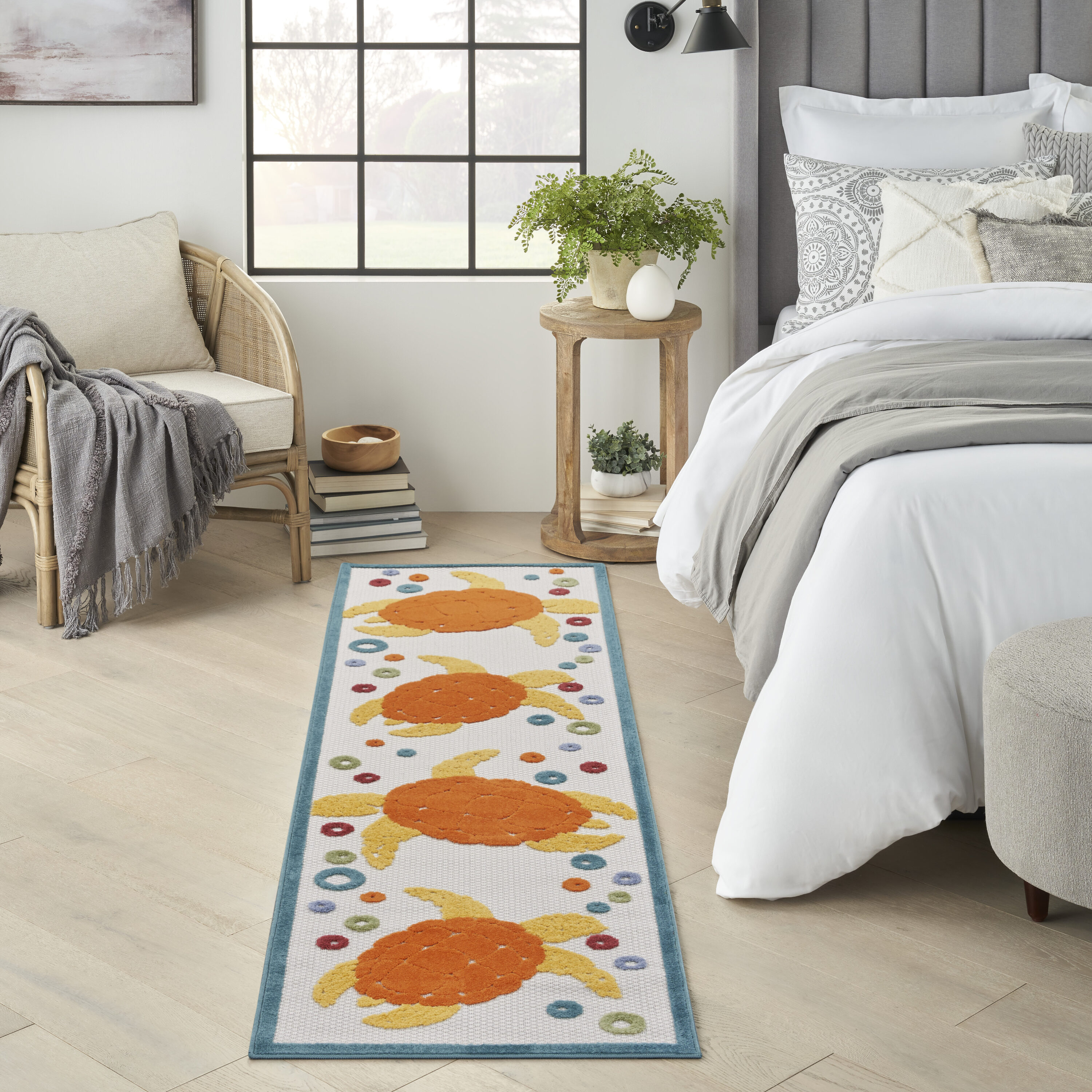 Nourison 099446135803 Aloha 2 x 6 (ft) Loomed Polypropylene Teal Multi Rectangular Indoor/Outdoor Animal print Coastal Runner rug