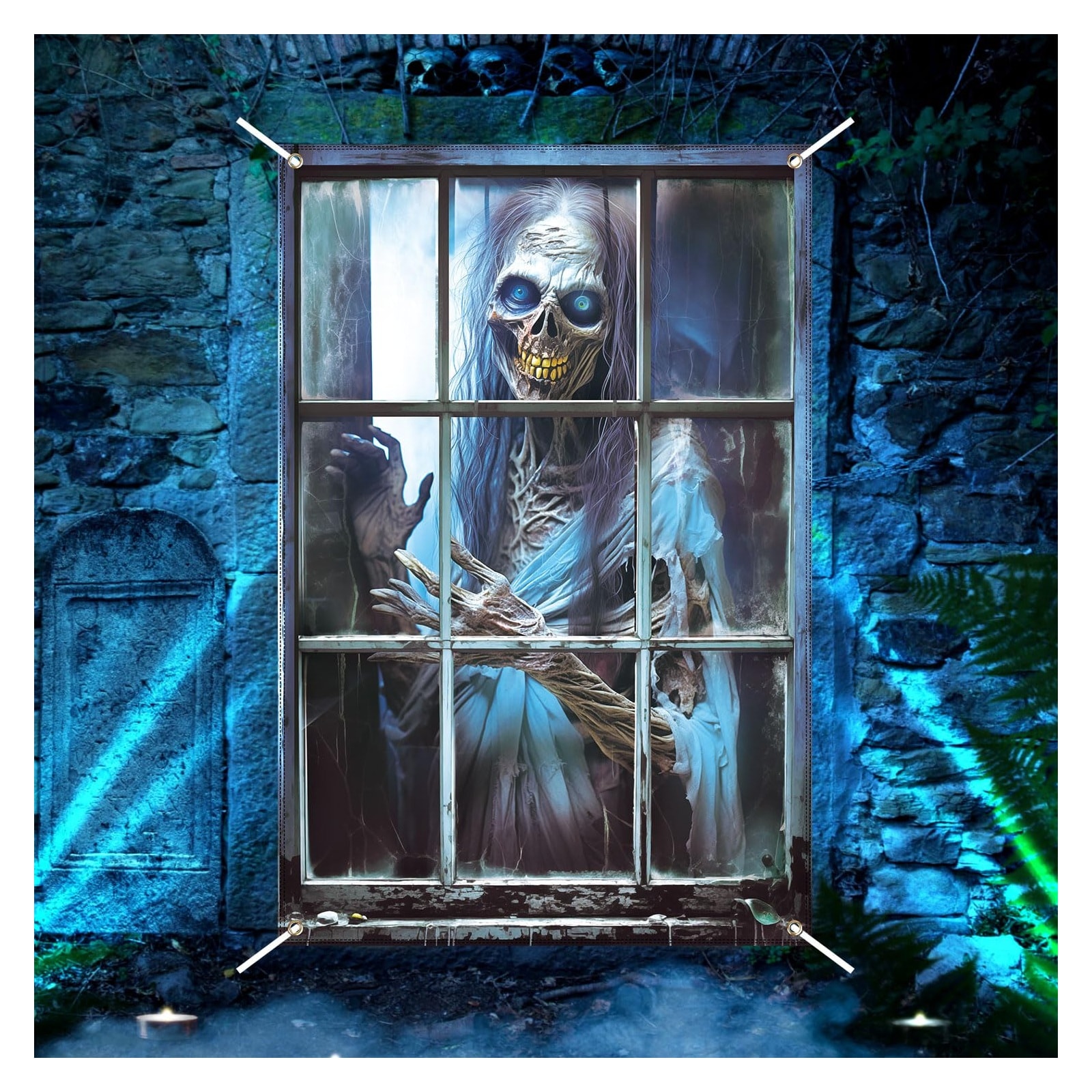 KHKFY  Halloween Scary Window Cover Decoration Female Ghost Skeleton Curtain with Rope and Foam Glue for Indoor Outdoor Party and Haunted House