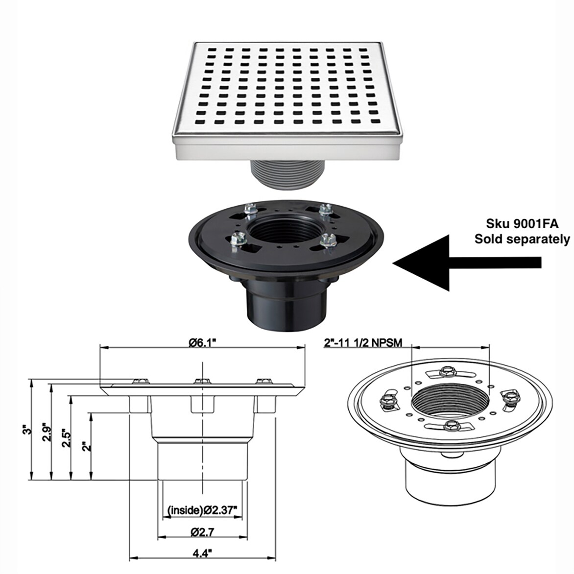 Interbath 4 in. x 4 in. Stainless Steel Square Shower Floor Drain