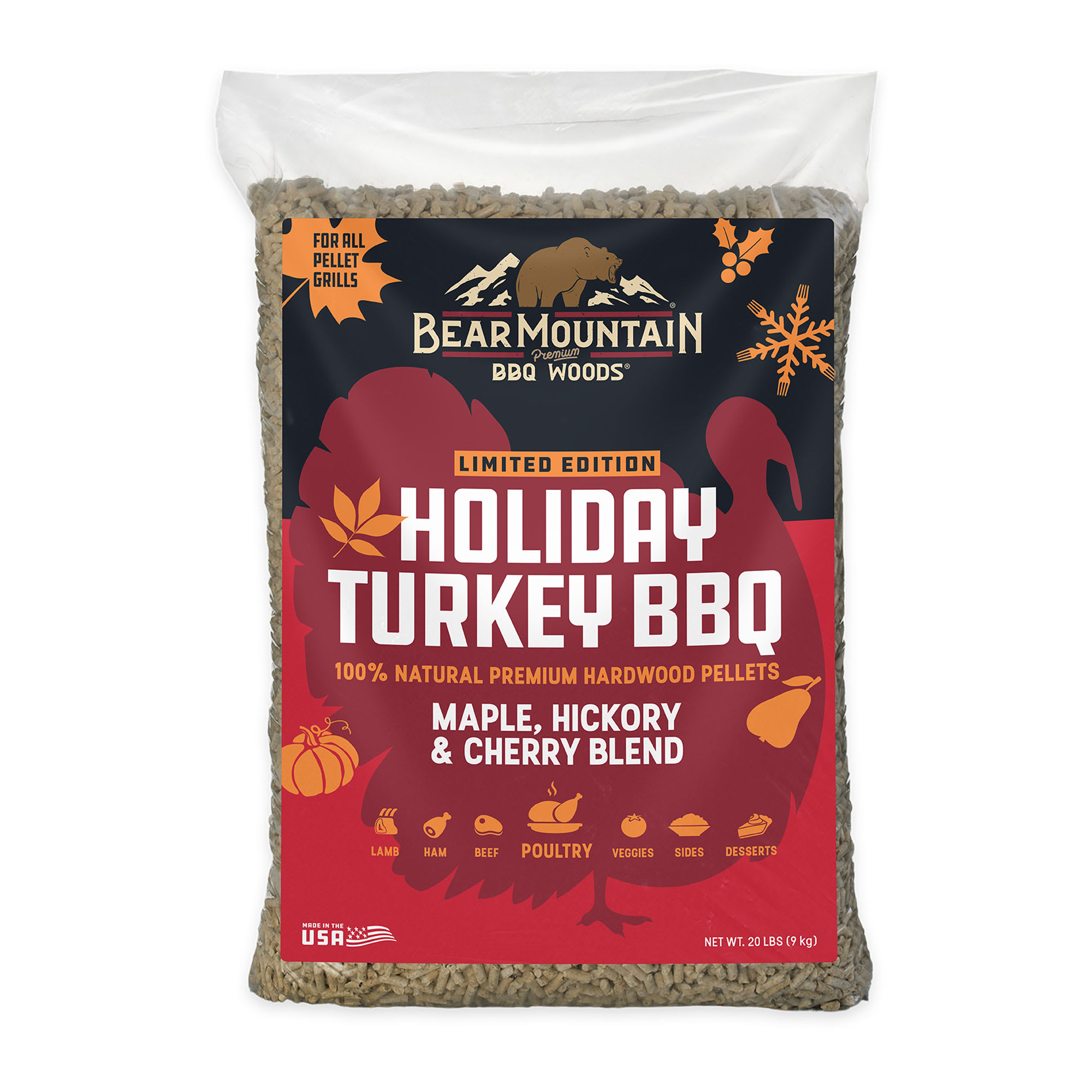 Bear Mountain BBQ 413029 Holiday Turkey Blend Maple  Hickory  and Cherry Pellets  20 lbs