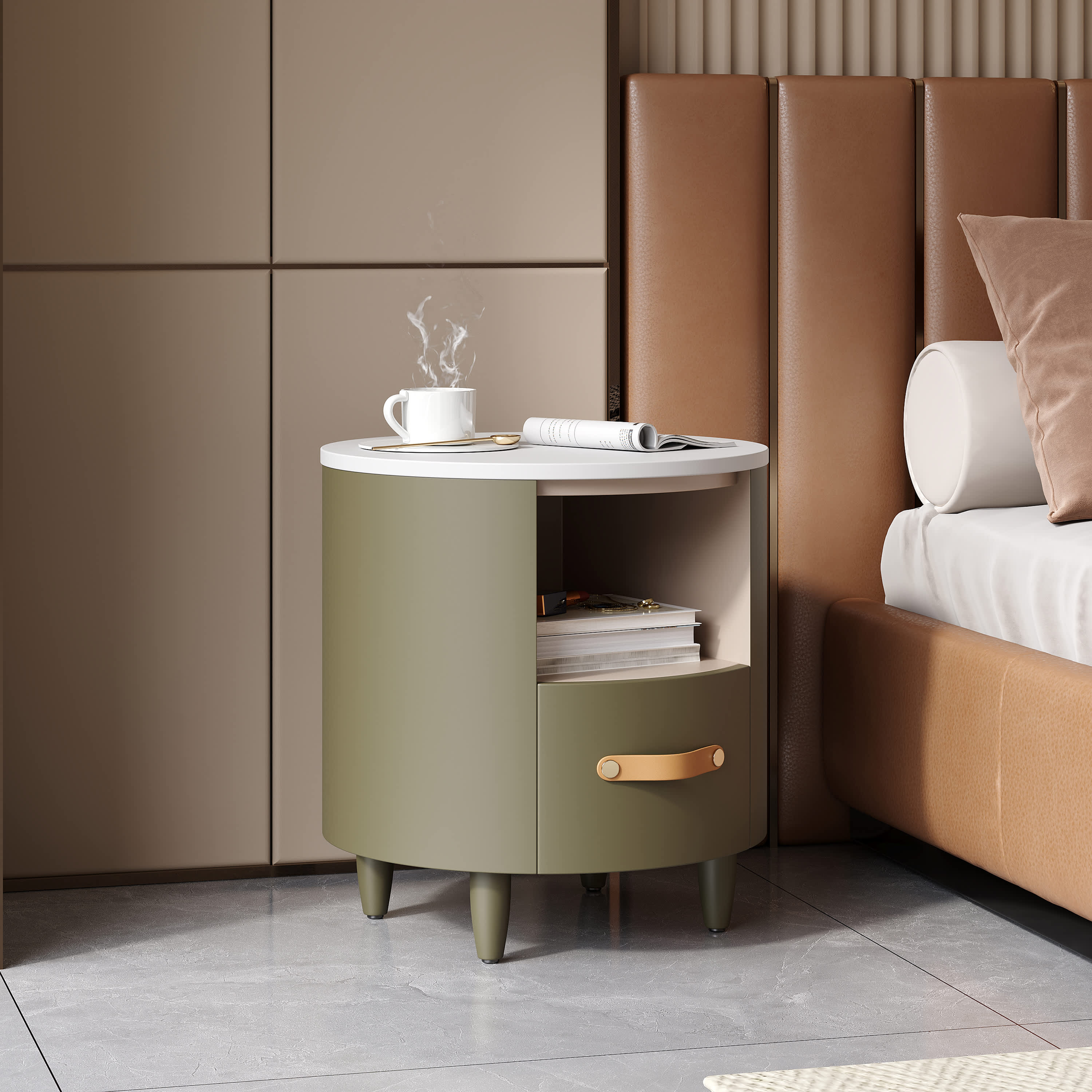 Vynxaria ynxaria Modern Round Nightstand Storage Drawer Open Shelf Curved Design Leather Handles Bedroom Living Room Sofa End Table Green