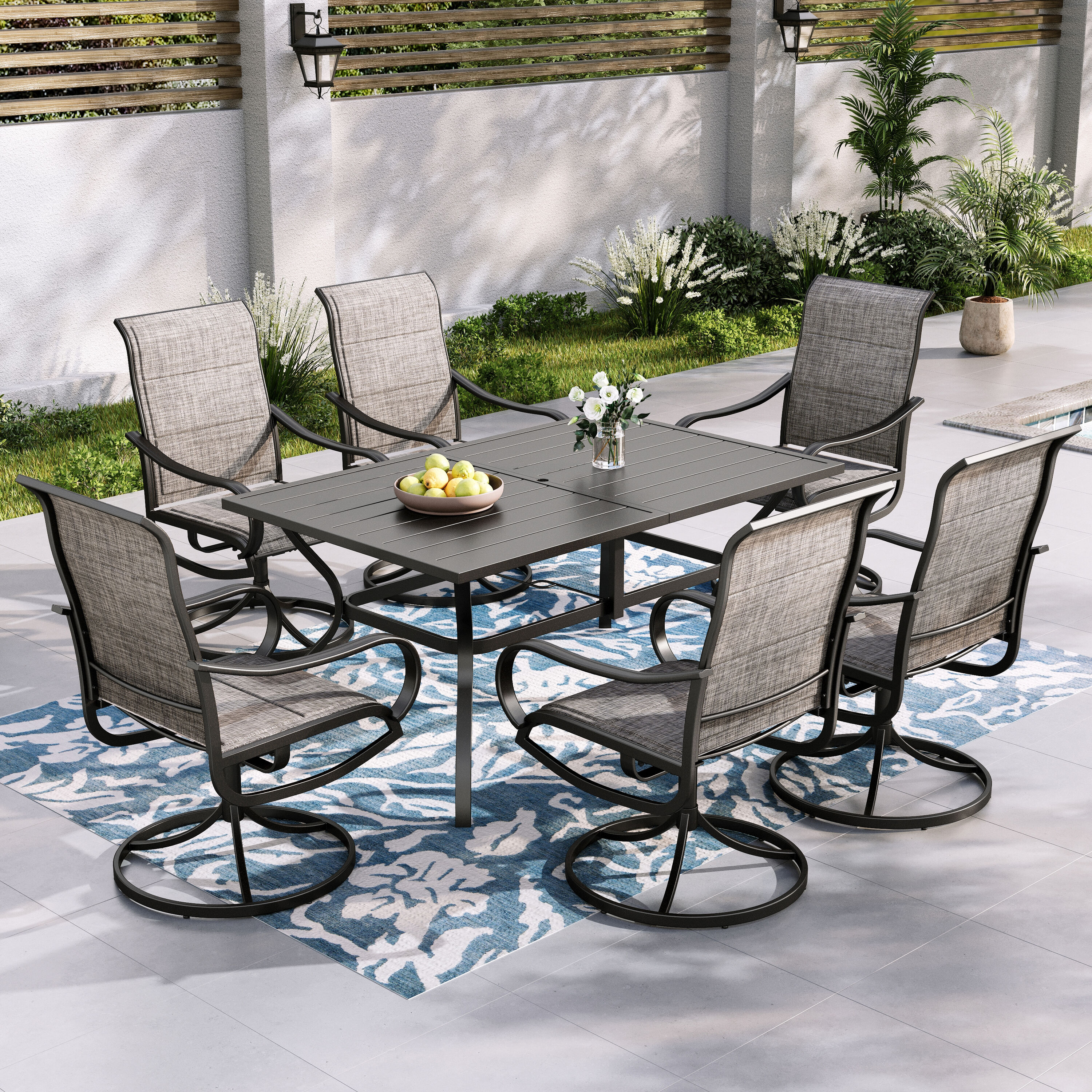 Sunshine Valley TC7-E02GF115-060-4 Outdoor Table and Chairs 7 -Piece Black Patio Dining Set Steel Rectangle Table with 6 Gray Swivel Chairs