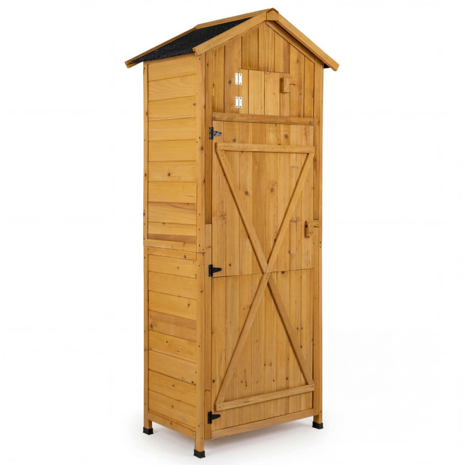 SUGIFT 71-in Fir Wood Garden Tool Storage Cabinet with Lockable Doors Foldable 14-in Table 3 Shelves 8 Hooks Asphalt Roof Natural Outdoor Shed