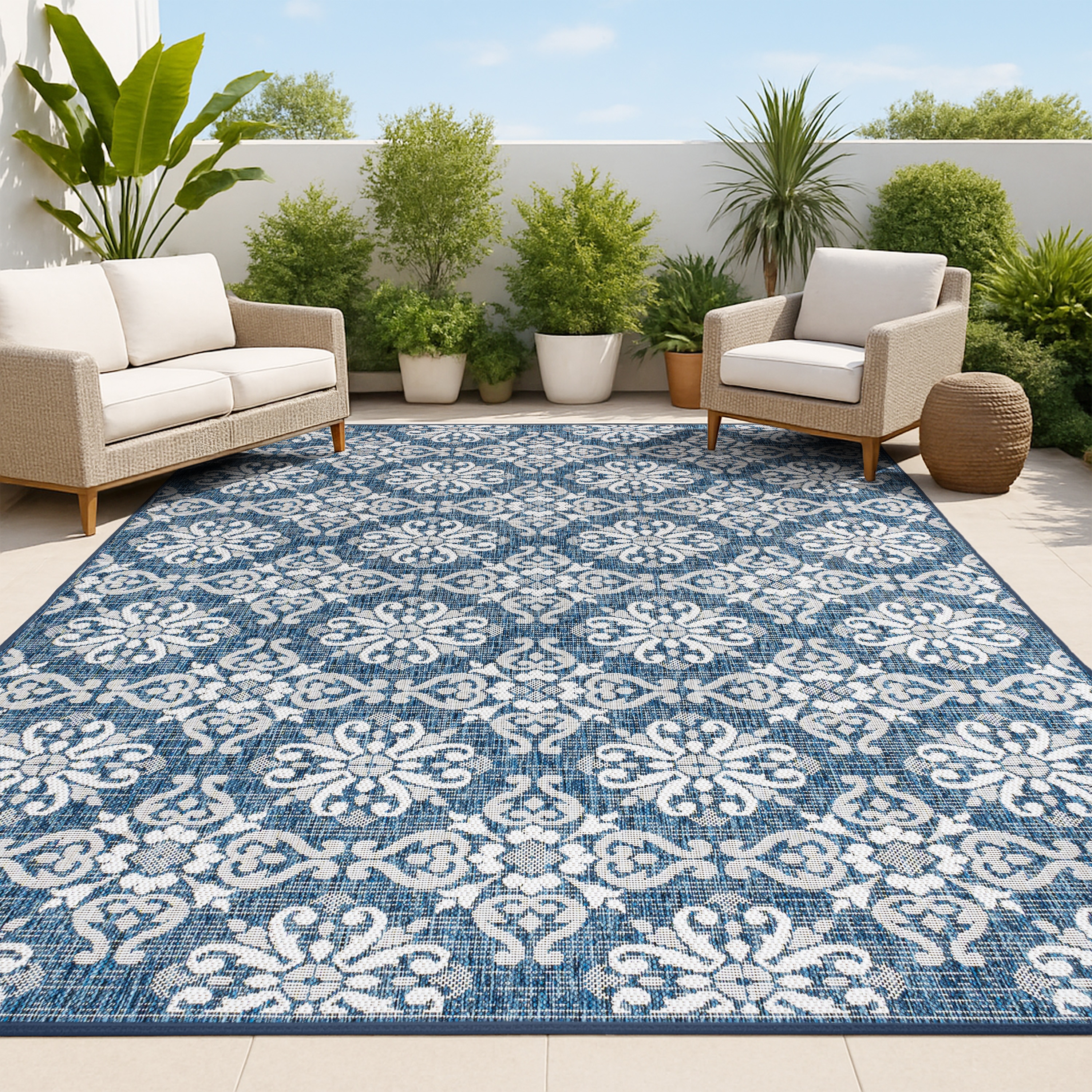 JONATHAN  Y TSN206A-3 TUSCAN SUN Amora Traditional Mediterranean Tile Design 3 x 5 (ft) Loomed Navy/Cream Rectangular Indoor/Outdoor Trellis Moroccan Pet Friendly Area rug
