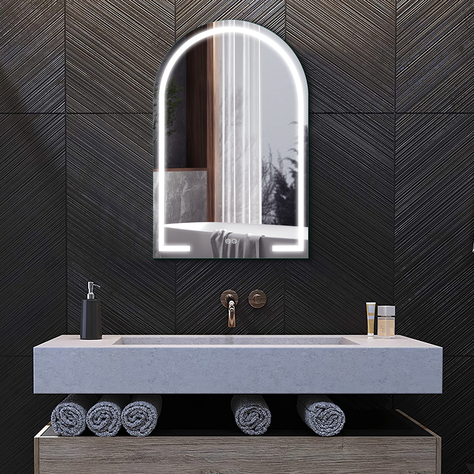 Dovelina LS-A-MR03037 24-Inches x 31-Inches Framed Frameless Arch Dimmable Lighted Fog Free Bathroom Vanity Mirror ( Black )