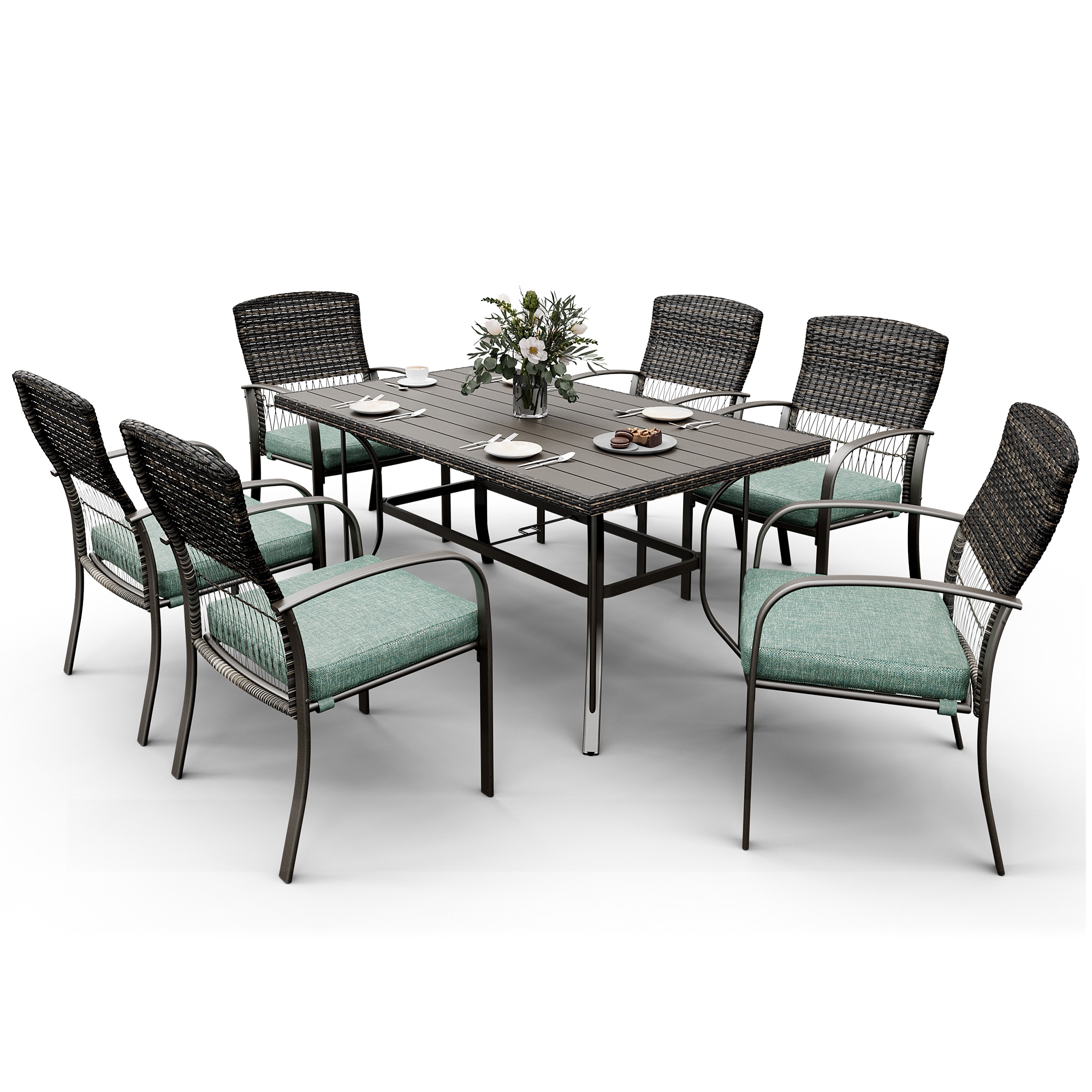 PamaPic TB-CZ-7JT-L-WL1 Patio Dining Sets 7 -Piece Brown Rattan Patio Dining Set Iron Rectangle Table with 6 Green Cushions Stationary Chairs