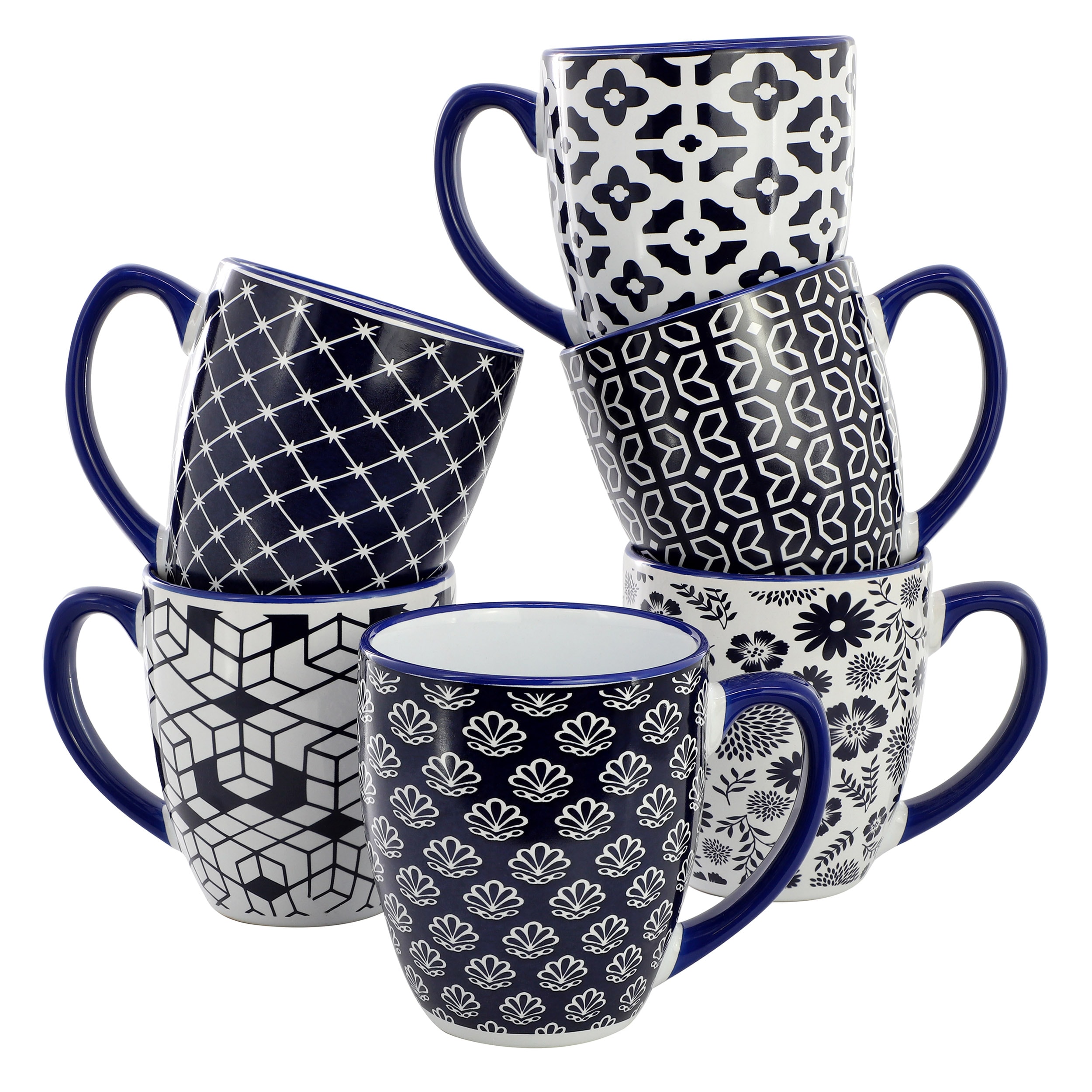 Elama  Flyn 6 Piece 16 Ounce Assorted Design Stoneware Mug Set in Navy Blue and White