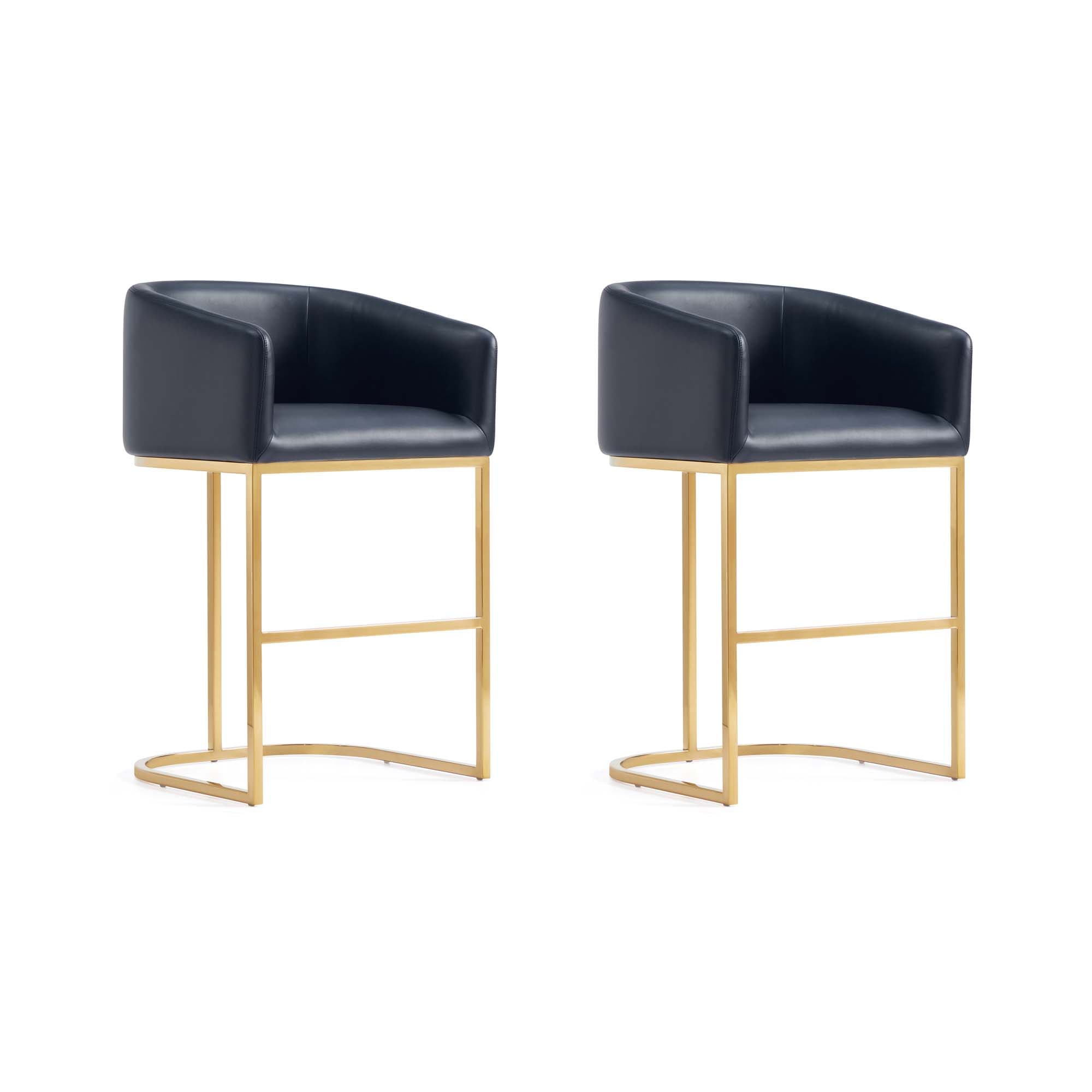 Black Leather and Gold Metal Counter Height Barstools, Set of 2