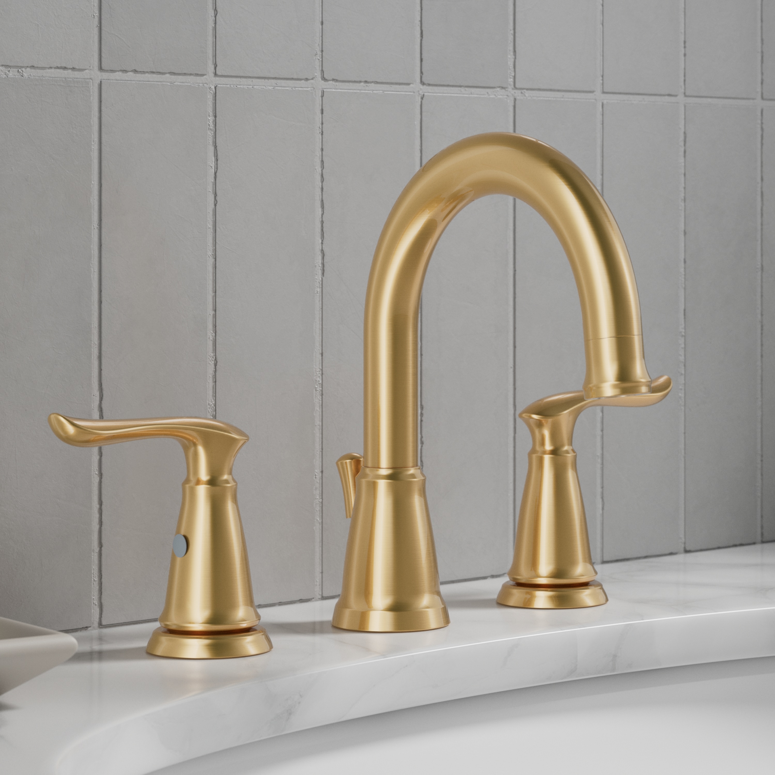 Project Source FW6AC034CZ Wayton Brushed Gold Widespread 2-handle WaterSense High-arc Residential Handle Bathroom Sink Faucet with Drain
