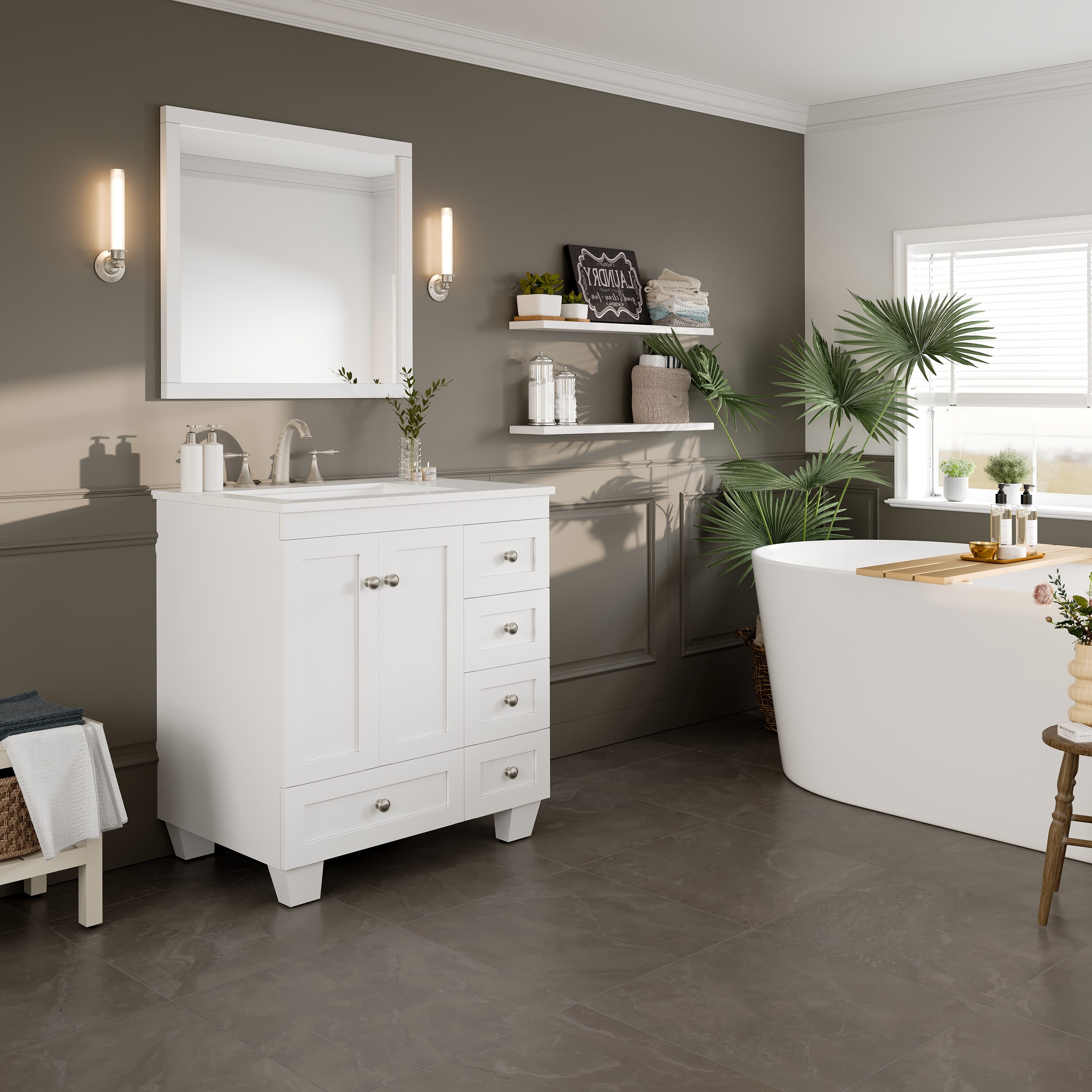 Eviva Acclaim 30" White Marble Bathroom Vanity with Porcelain Sink