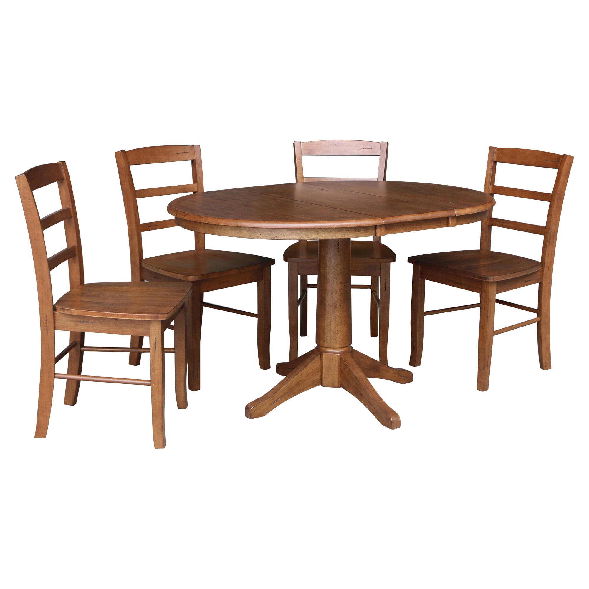 Distressed Oak 36" Round Extension Dining Table with 4 Ladderback Chairs