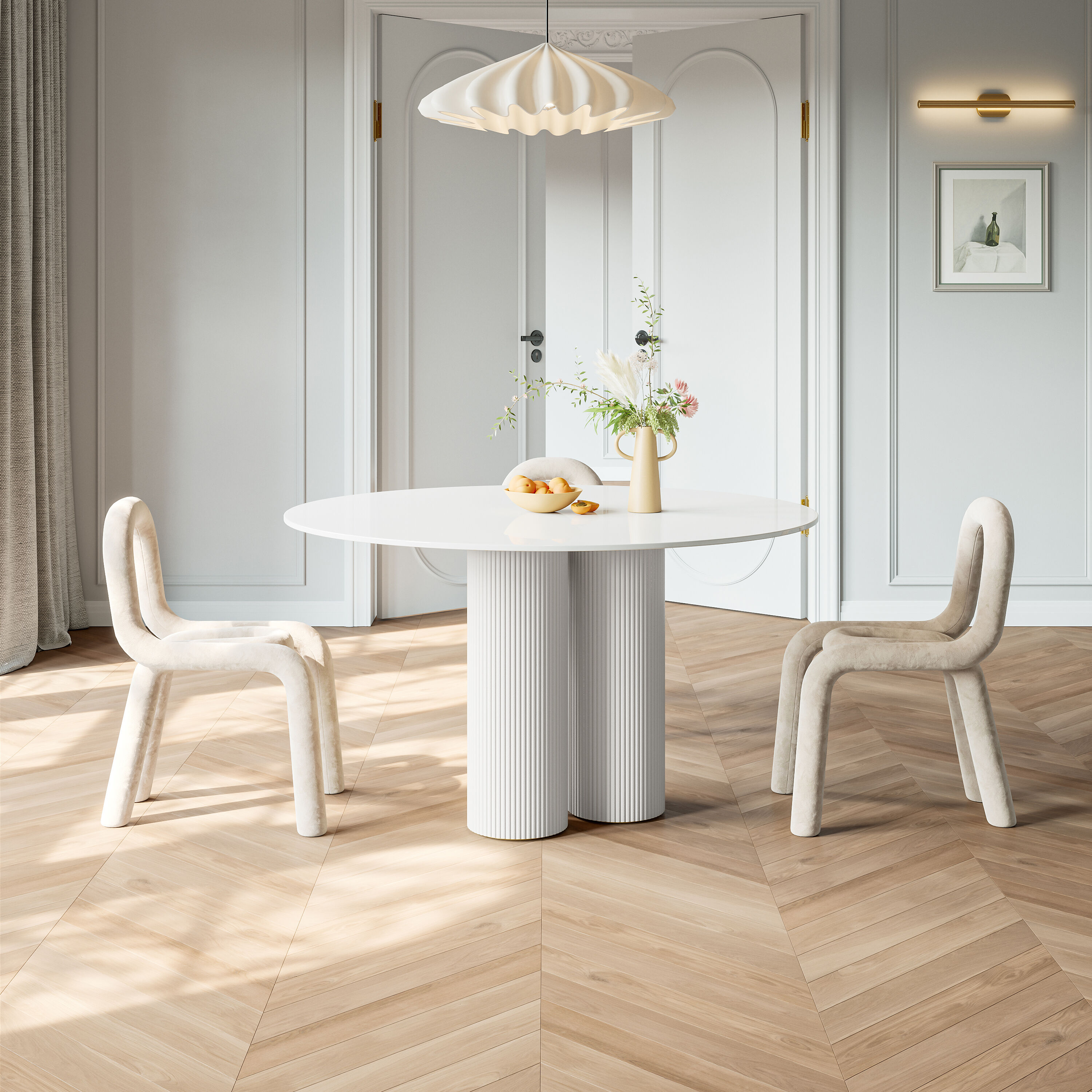  23862-150 White Round Contemporary/Modern Dining Table, Composite with Titanium gold Wood Pedestal Base 59.05-in L x 29.52-in H