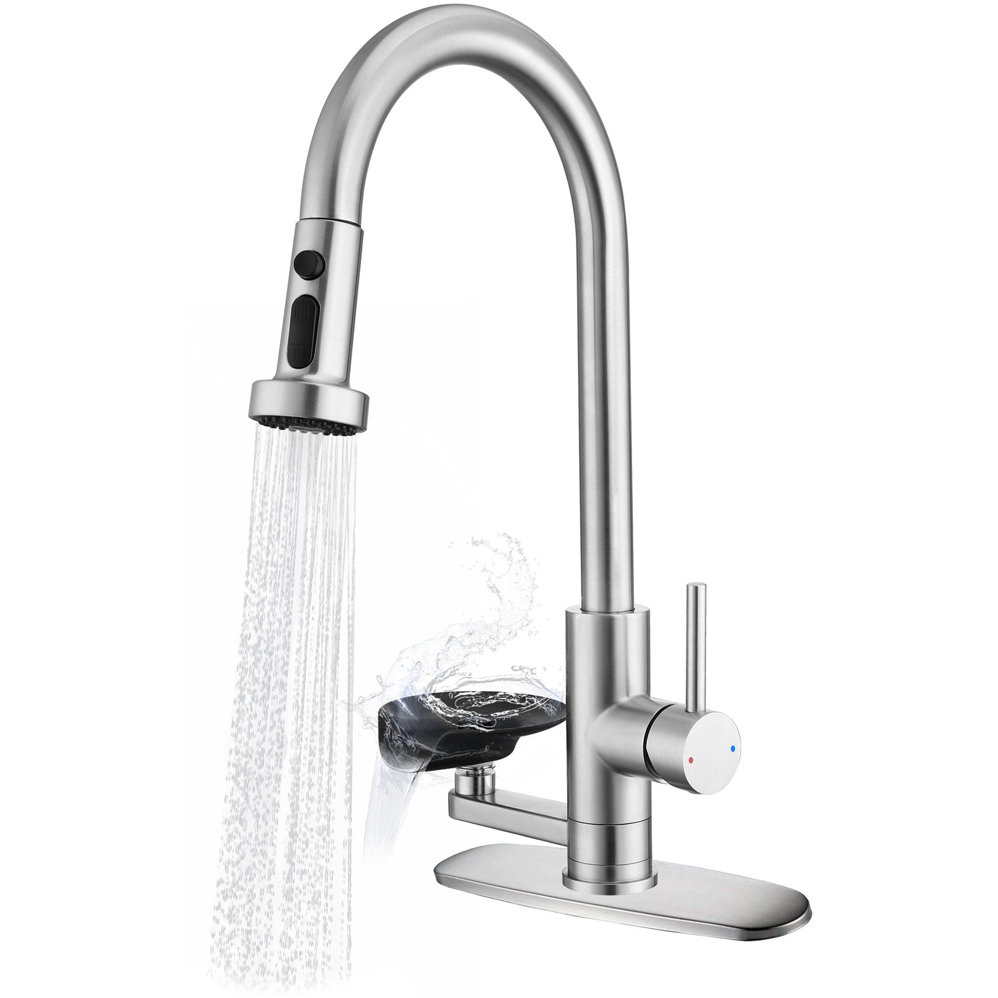 Afoxsos 3 in 1 Kitchen Faucet with High Arc Pull Down Sprayer Glass Rinser Brushed Nickel 9.44 in Spout 3 Spray Modes for Modern Sink