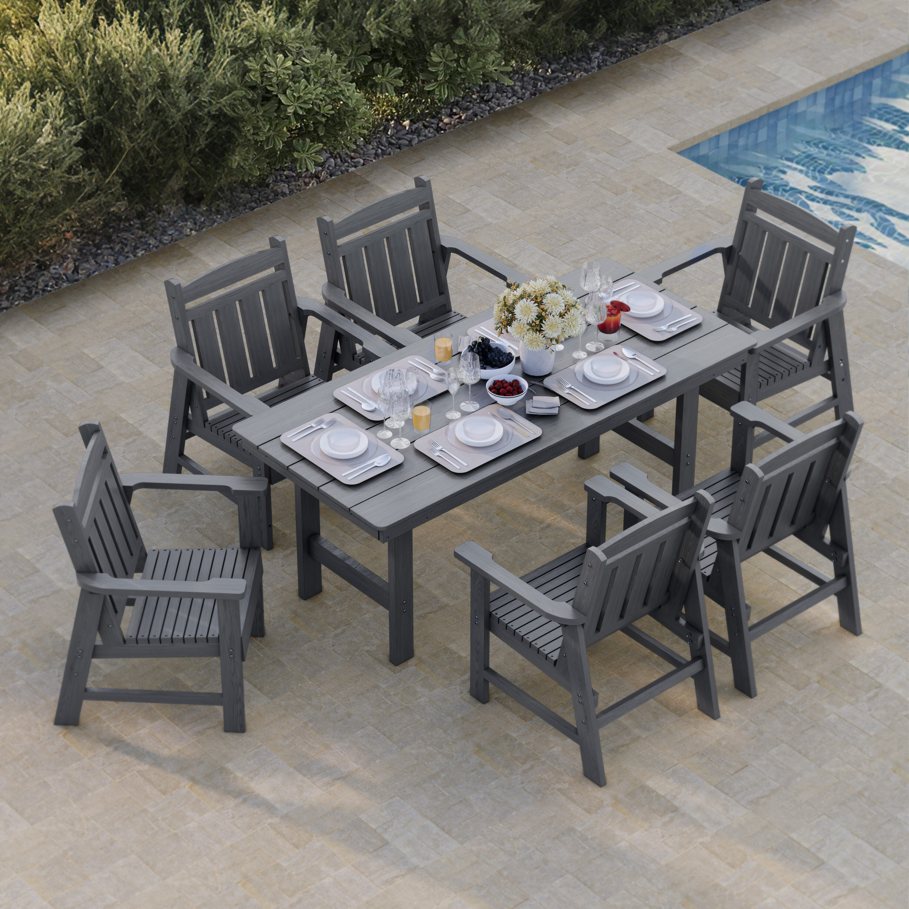 Fortune Candy EX071-G+6DC002SL-G 7 Piece Modern HDPE Weather Resistant Patio Dining Set Includes Poly Lumber Chair and 70.7'' Table with Umbrella Hole