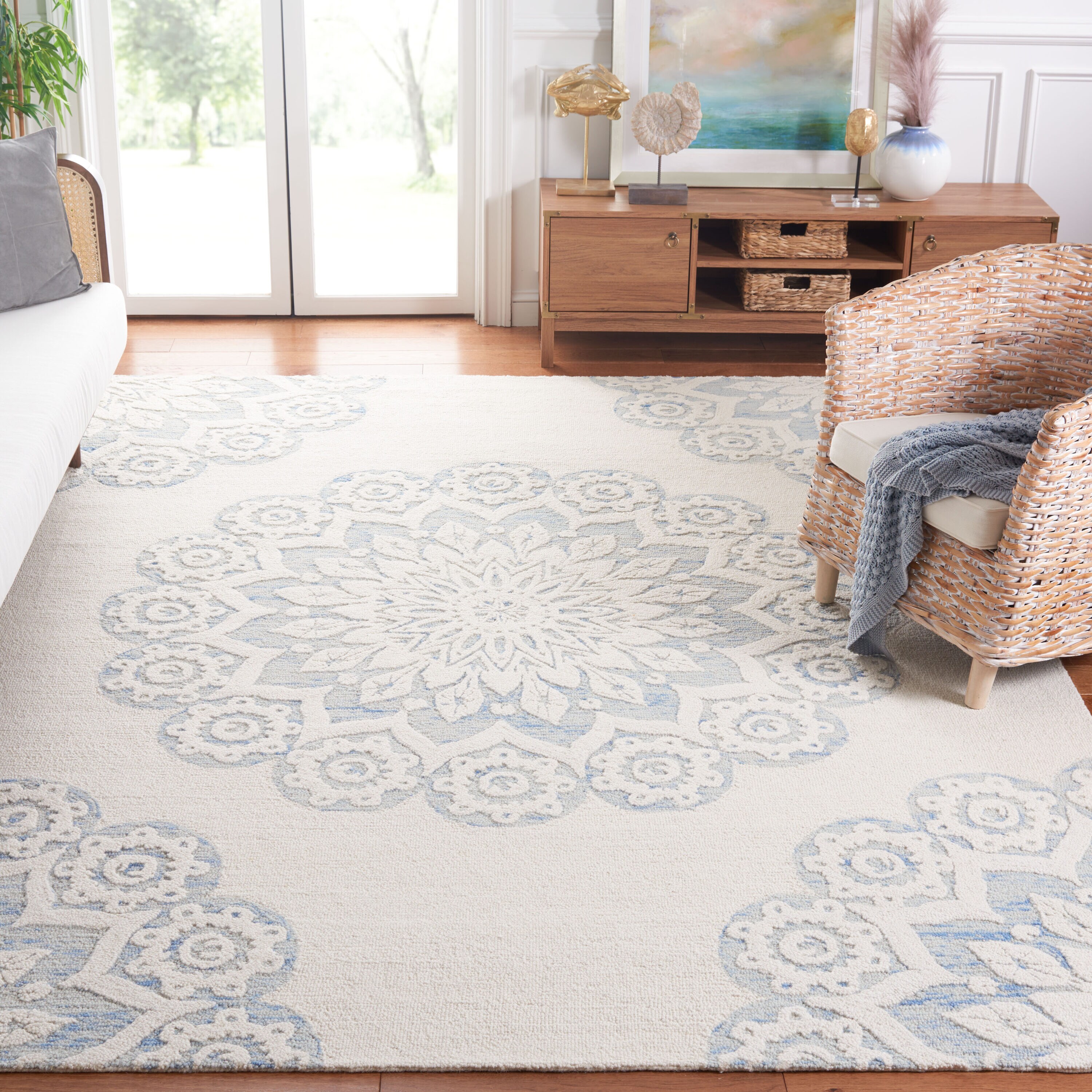 Blossom 8 x 10 (ft) Tufted Wool Ivory/Blue Rectangular Indoor Floral/Botanical Mid-Century Modern Spot Clean Only Area rug