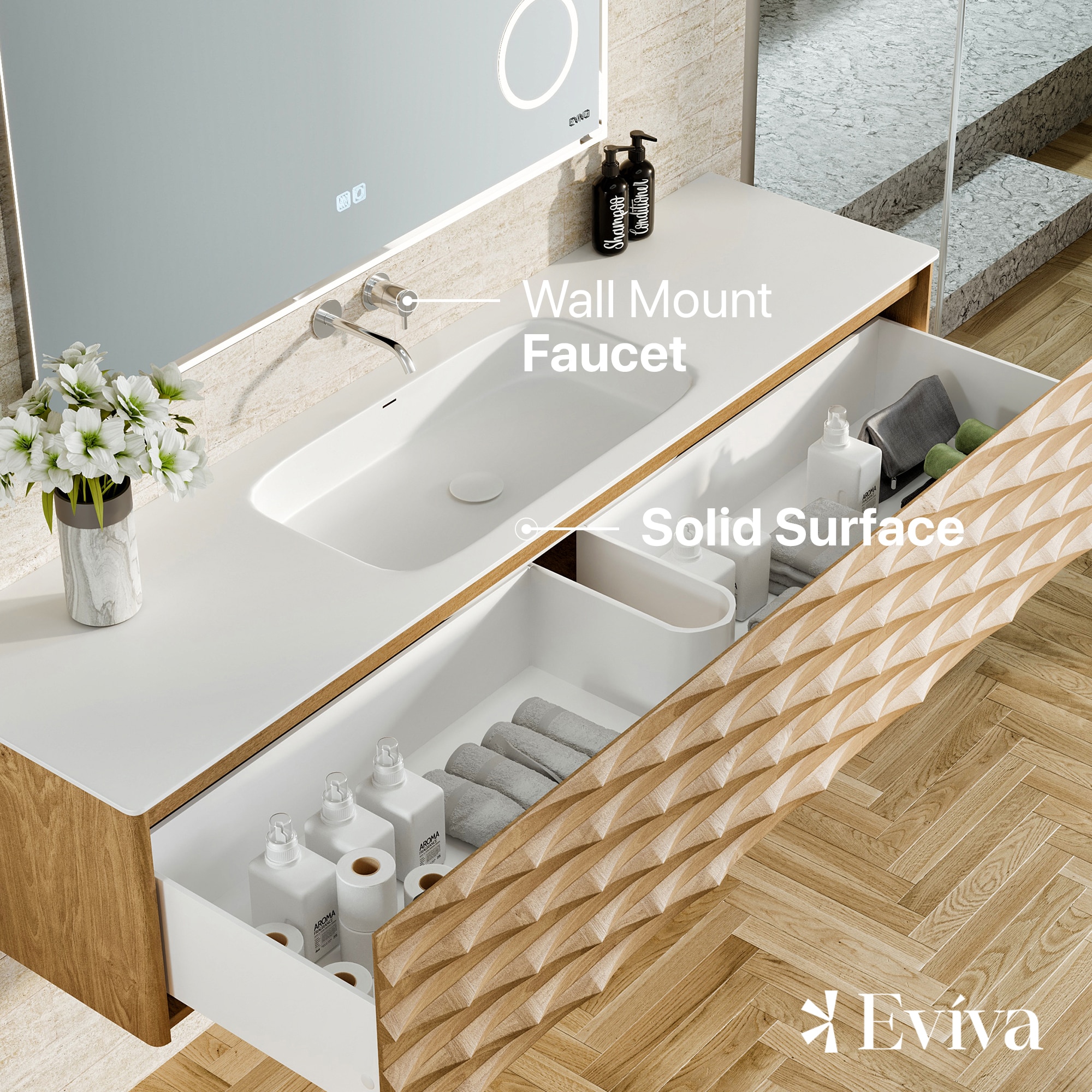 Eviva Oahu 55 in. W Solid Wood Floating Bath Vanity in Natural Oak with White Solid Surface Top