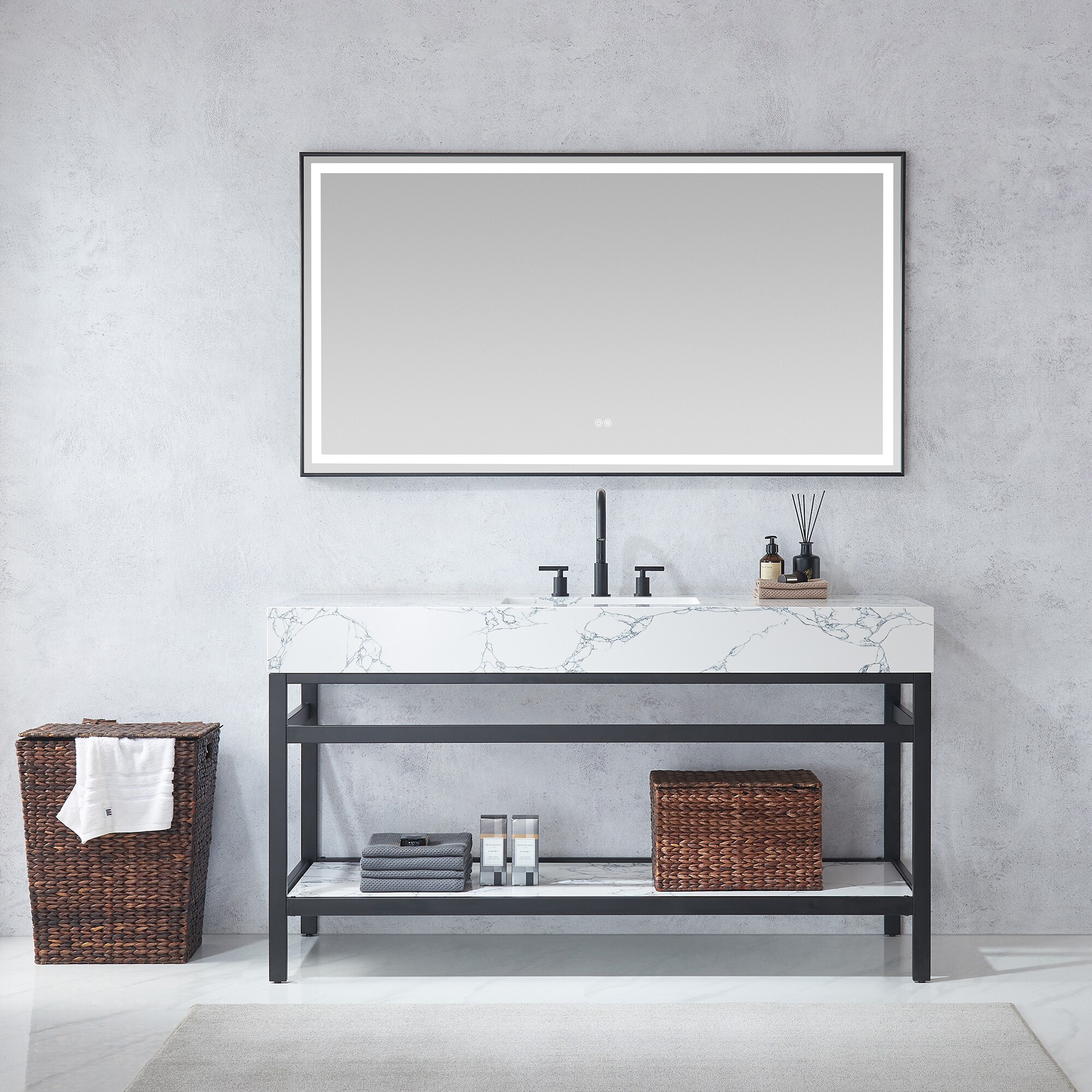 Vinnova 702760-TB-PH Ecija 60 in. Free-standing Single Bath Vanity in Matte Black Metal Support with Pandora White Composite Stone Top