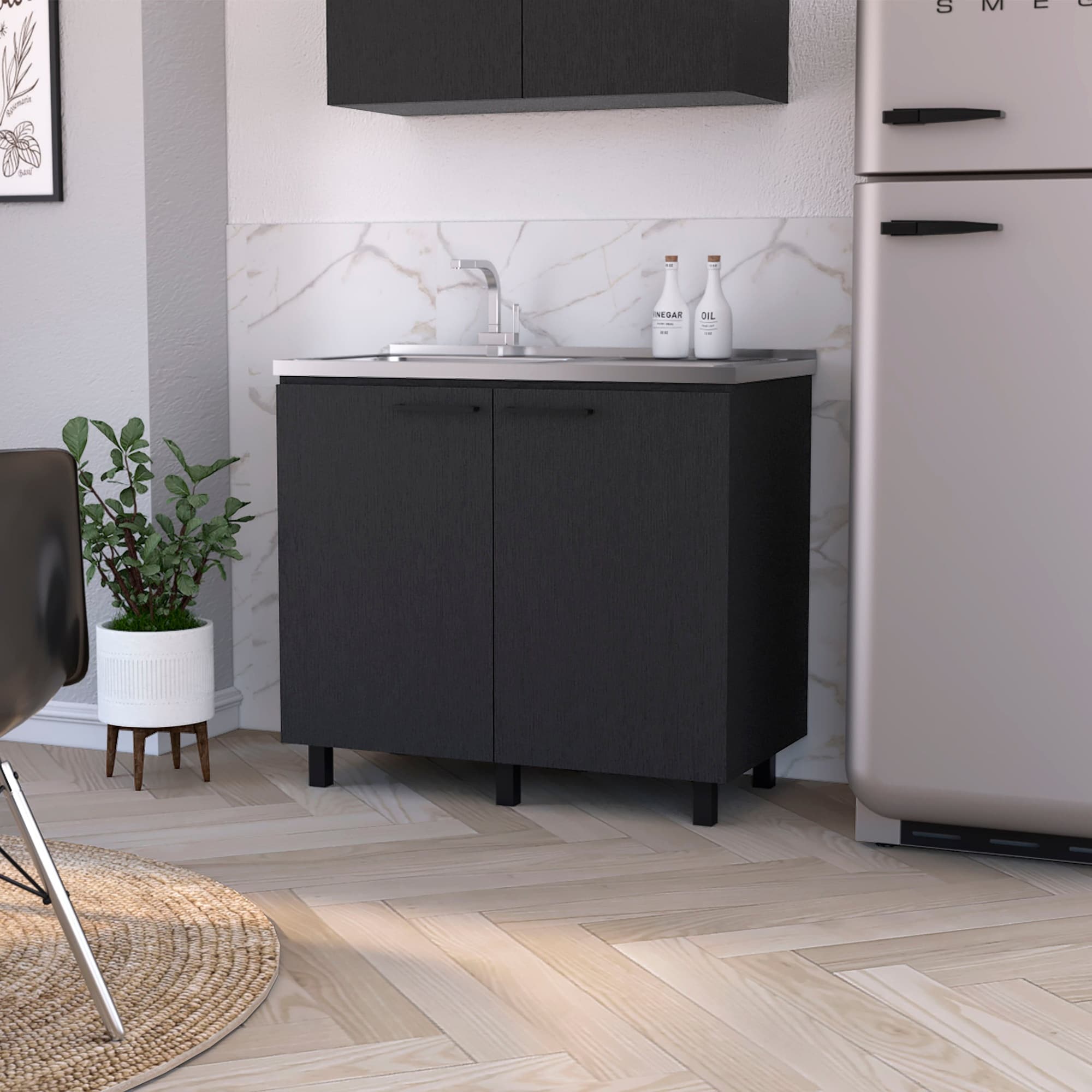 HyperDrop Cart Black Freestanding Utility Sink Cabinet with Aluminum Countertop/ Double Doors/ Slender Legs and Internal Storage/ Kitchen Base Unit - Faucet Not Included