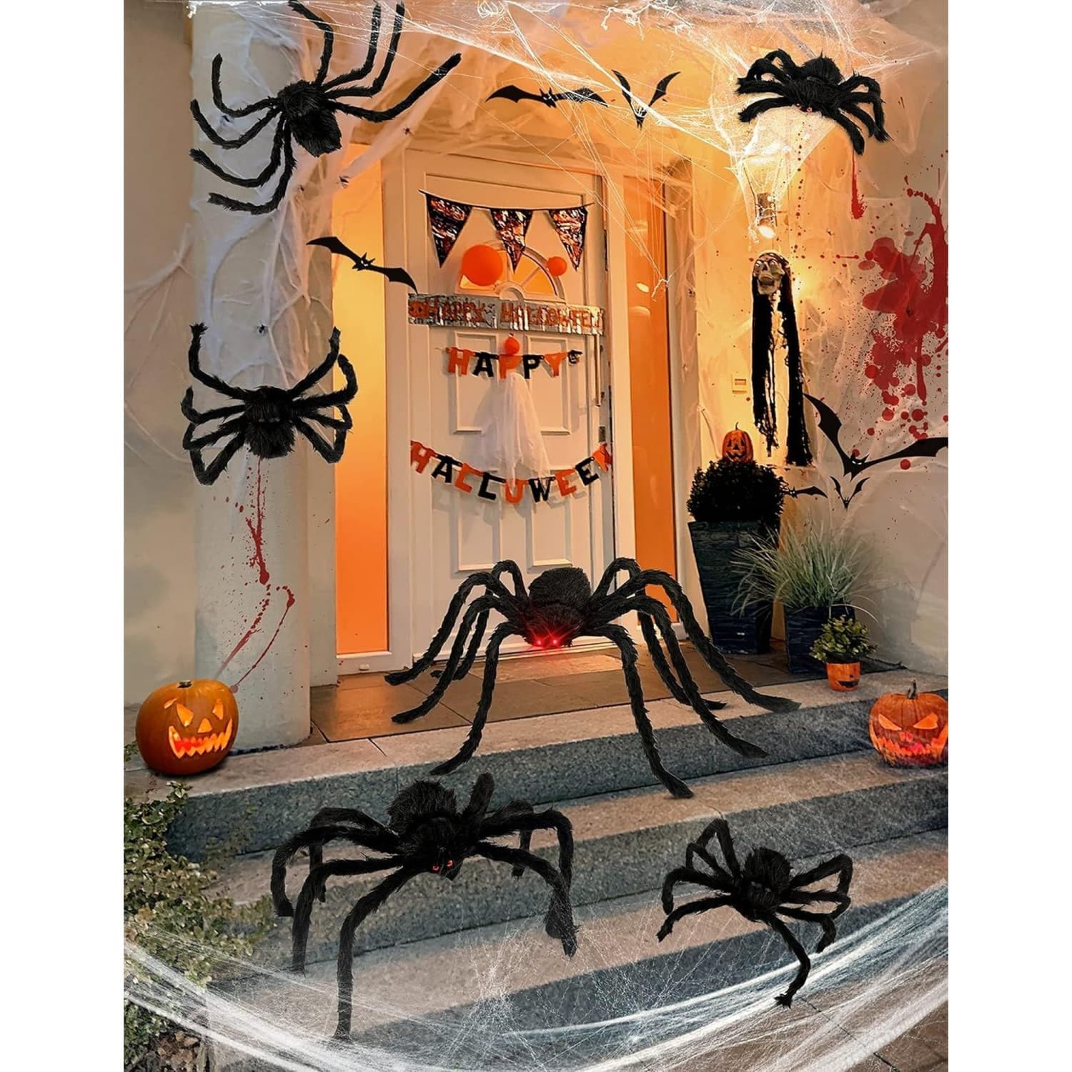 OGETFUUR 6 Pack 47-12in Spiders with Realistic Fluffy Bodies and Red Eyes for Halloween Decorations for Yard Haunted House for Halloween with Poseable Legs