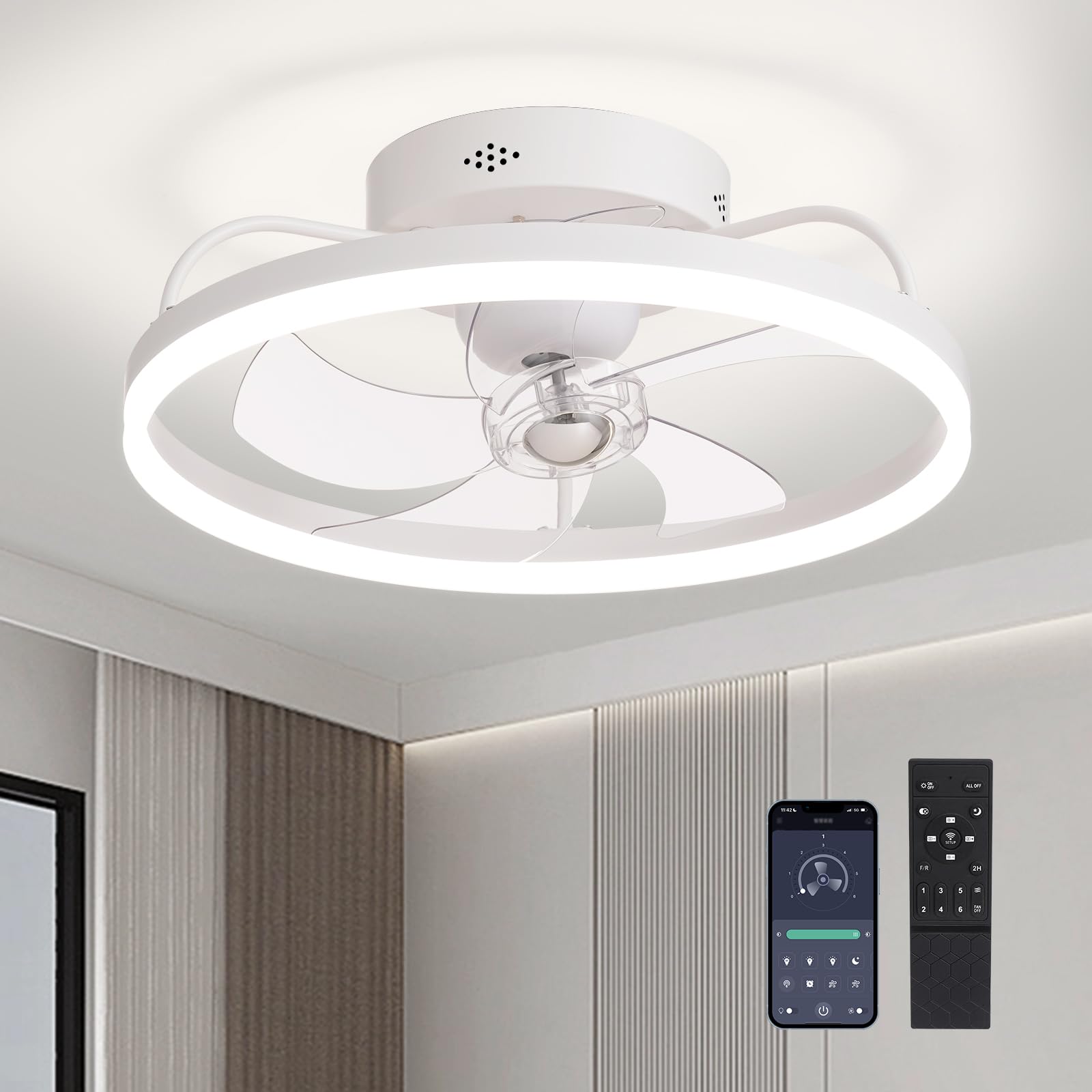 SILJOY LL-6002WH-03 Flush mount Ceiling Fan with Light and Remote Control Include