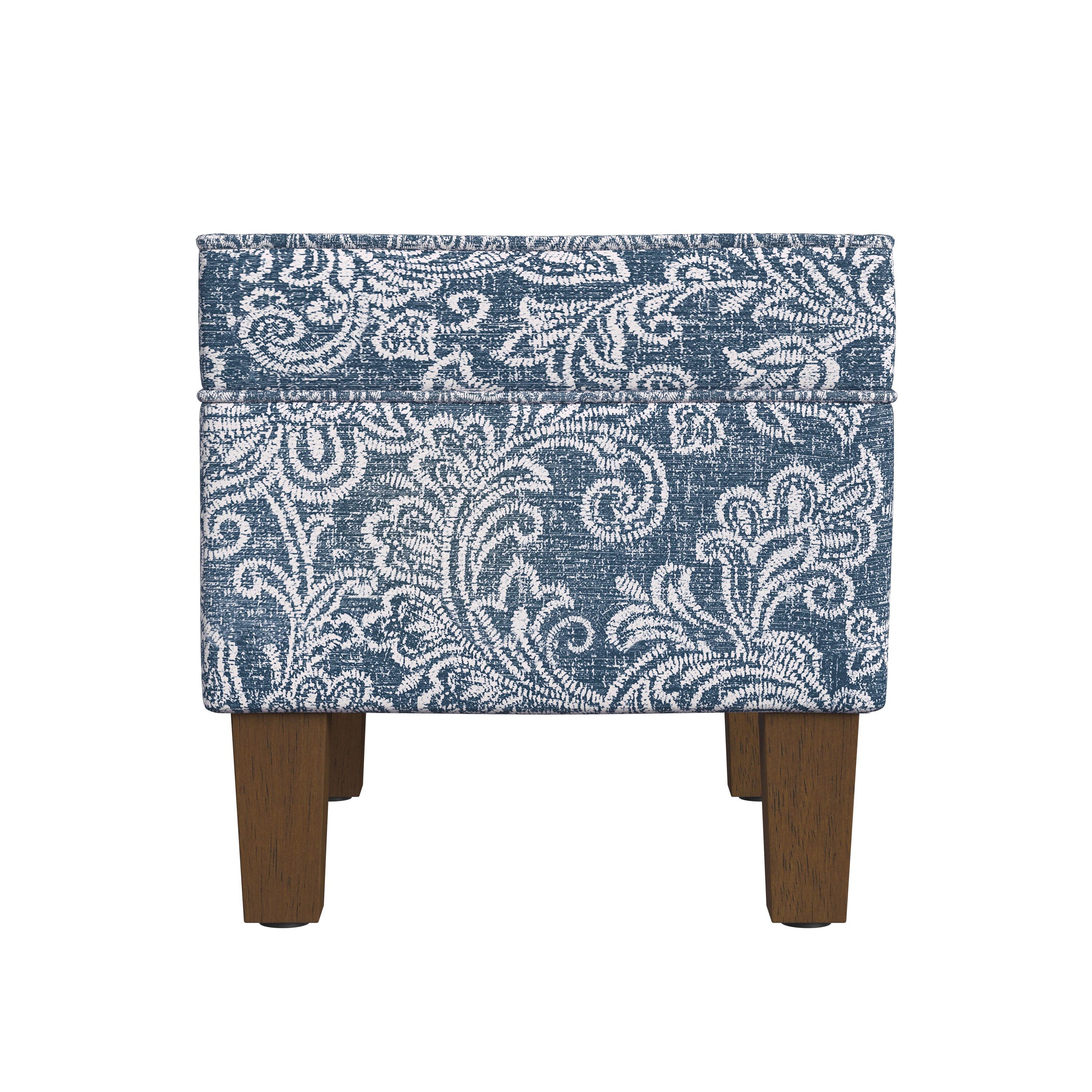 Medium Blue Denim Jacobean Print Storage Ottoman with Hinged Lid
