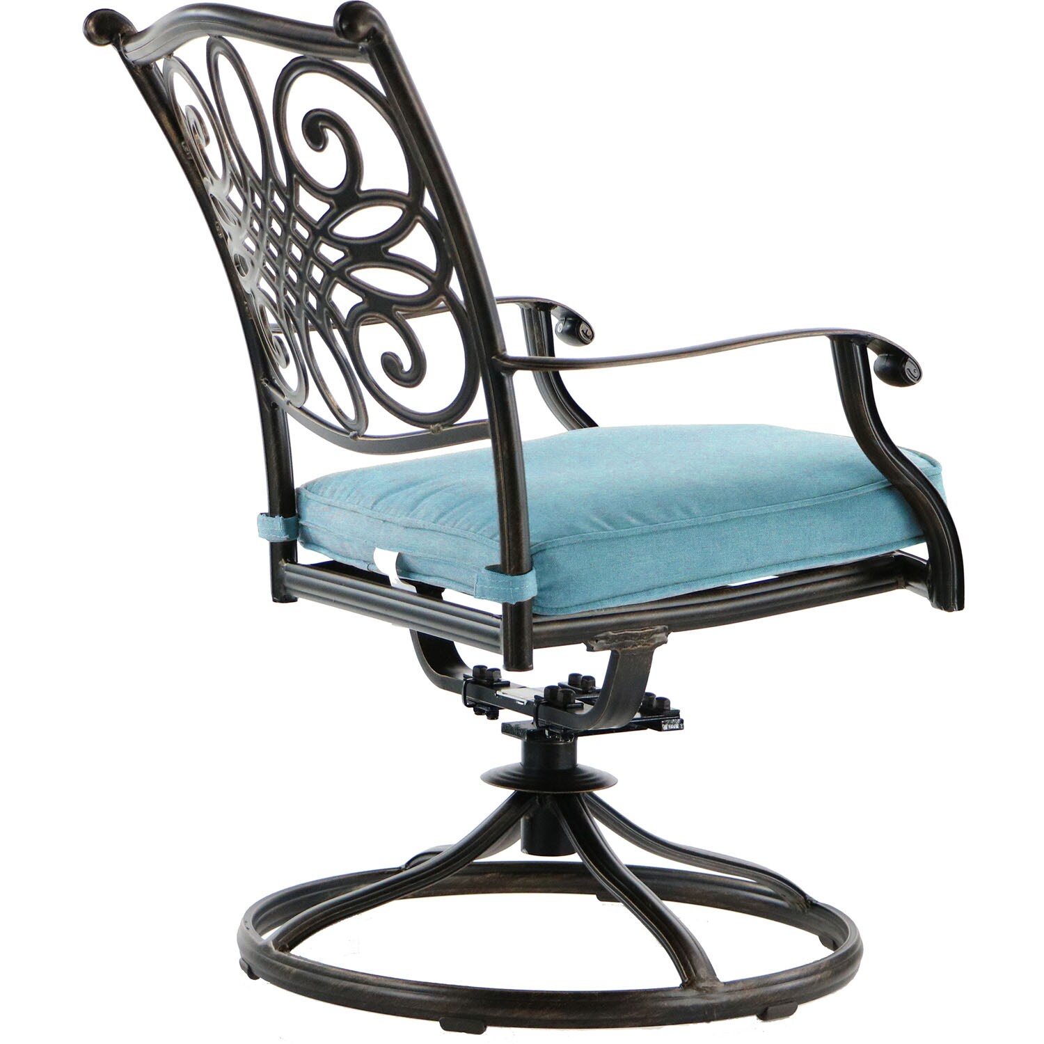 Bronze Cast Aluminum Round Outdoor Dining Set with Blue Cushions