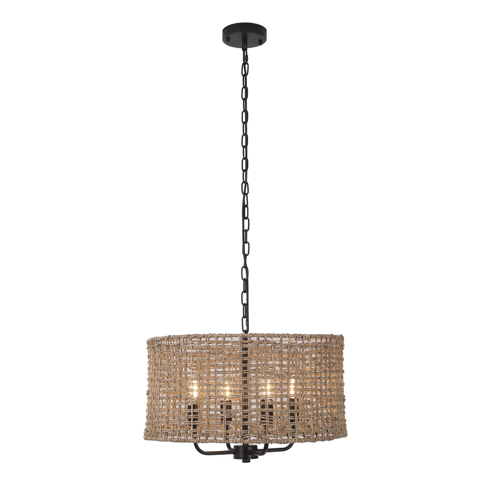 Oukaning JZUCK5K7NSHCX 4 -Light 4-Light 19.68-in Retro Hand-woven Rattan Farmhouse Drum Medium Hanging Pendant light