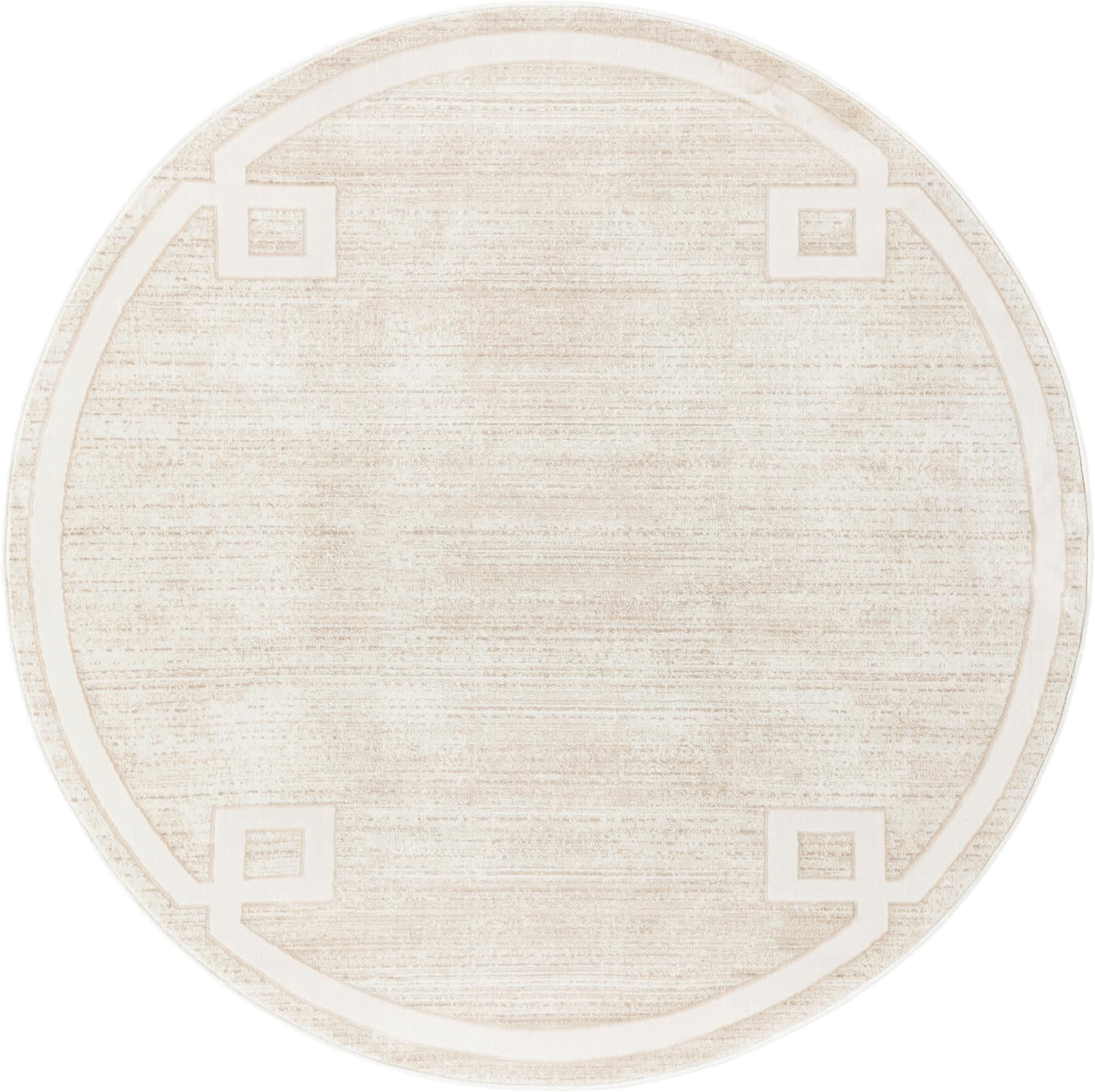 Ivory and Beige Round Geometric Synthetic Area Rug