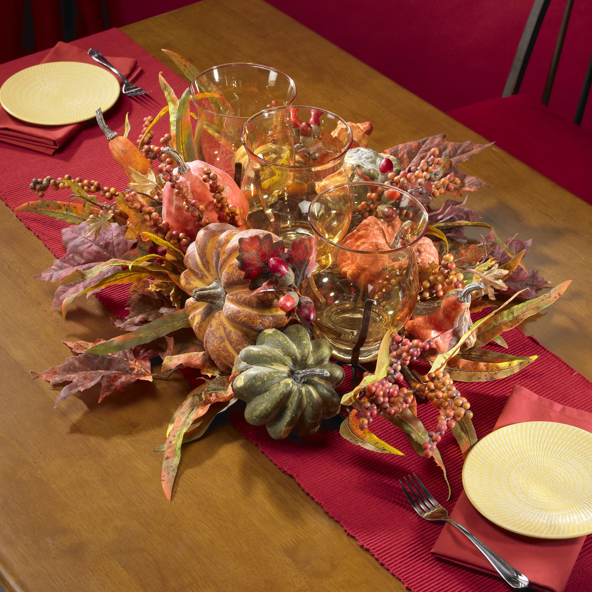 Harvest Triple Glass Candelabrum with Autumn Fruits and Foliage