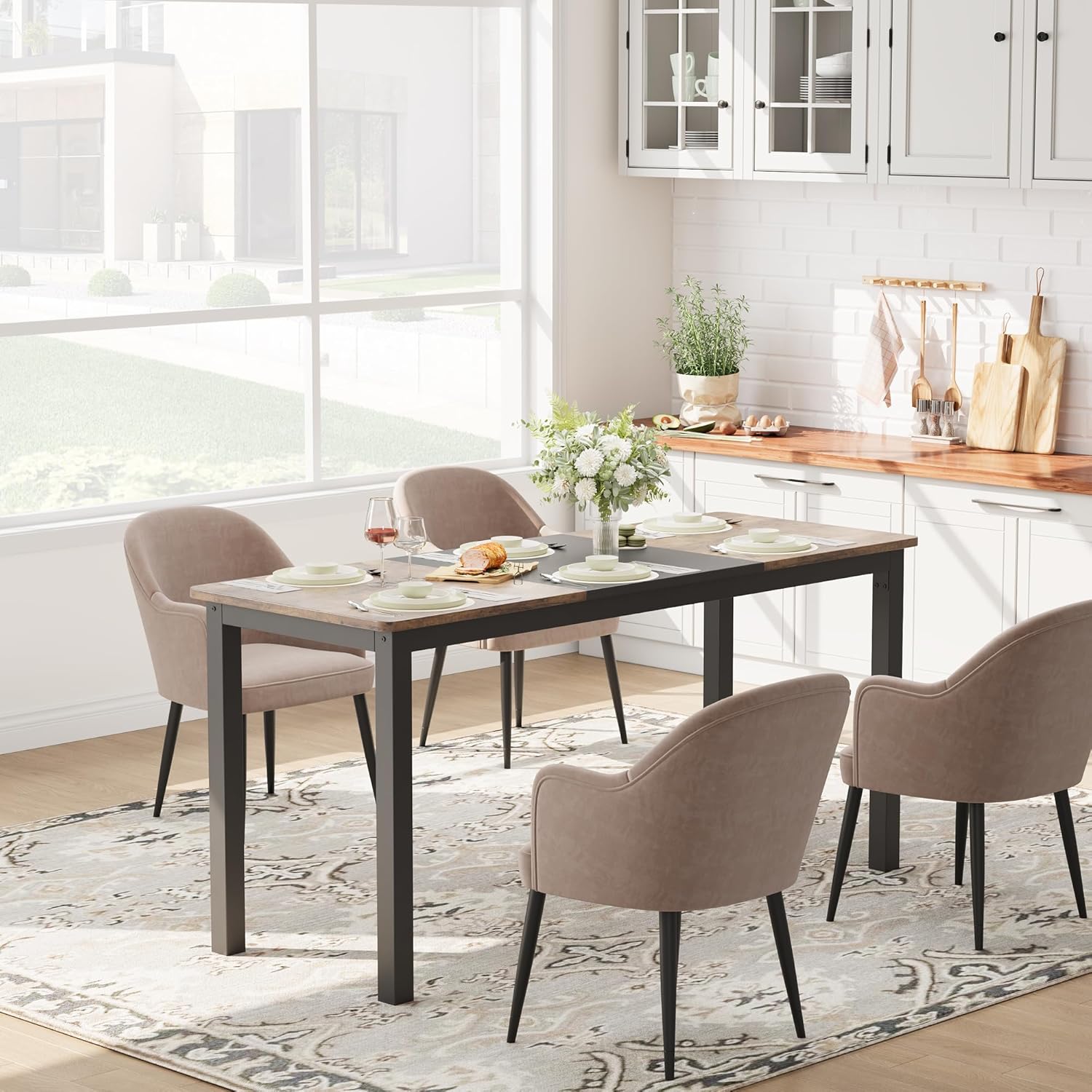 Qeetex Dining Table for 4-6 People 63 inch Long Wooden Rectangular ...