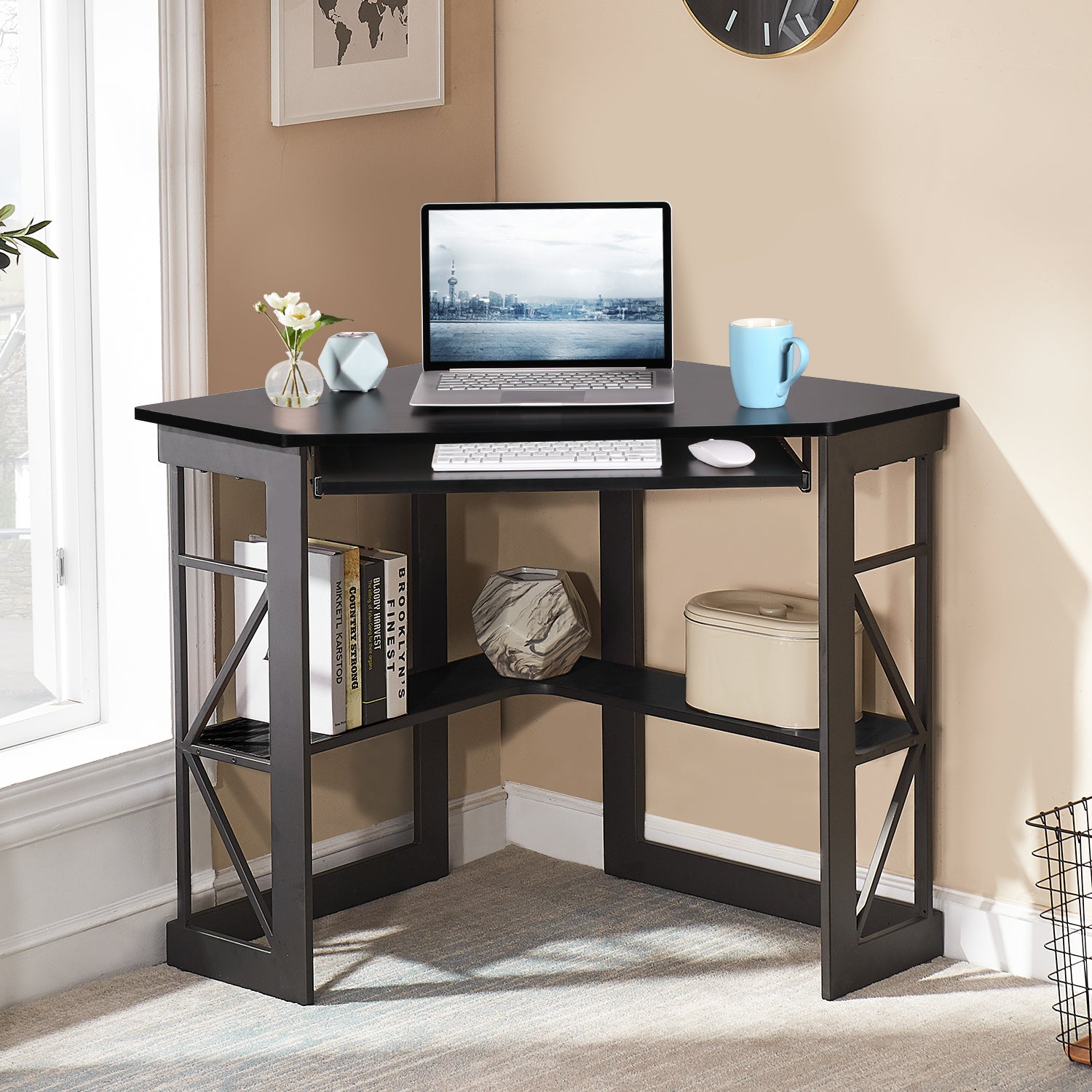 Vecelo LOE-XJM-CD03-BLK Small Corner Computer Desk with Keyboard Tray Triangle Corner Table with Shelf for Small Space
