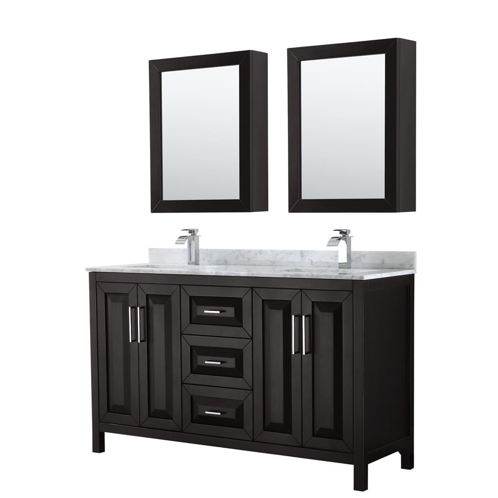 Wyndham Collection WCV252560DDECMUNSMED Daria 60-in Dark Espresso with Polished Chrome Trim Undermount Double sink Bathroom Vanity with White Carrara Marble Natural marble Top (Mirror Included)