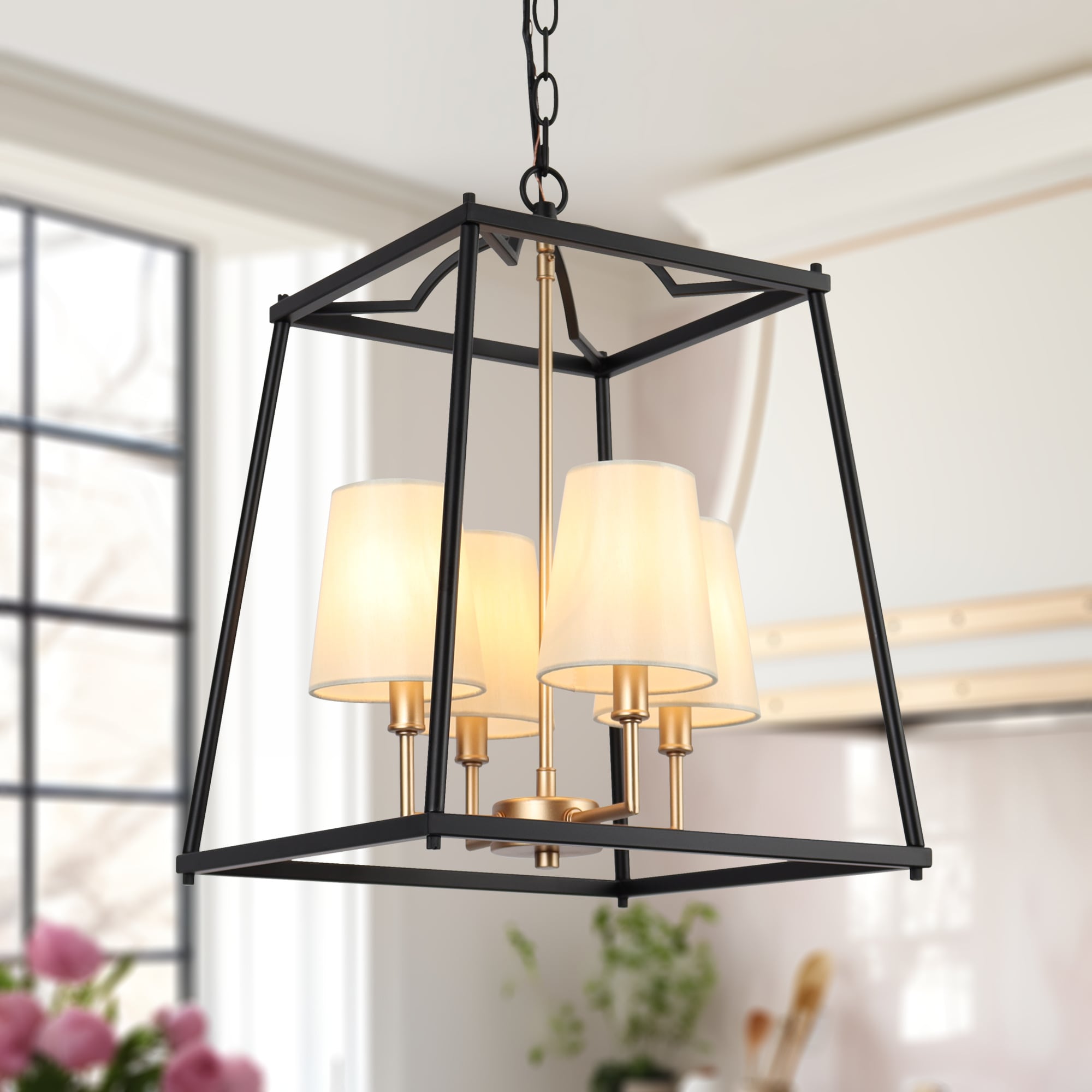 ZEVNI L3AAQQ2UW4476S77 Reta 4 -Light Matte Black Industrial Cage For Use in Bedrooms, Dining Rooms, Foyers, Kitchens, Living Rooms Chandelier