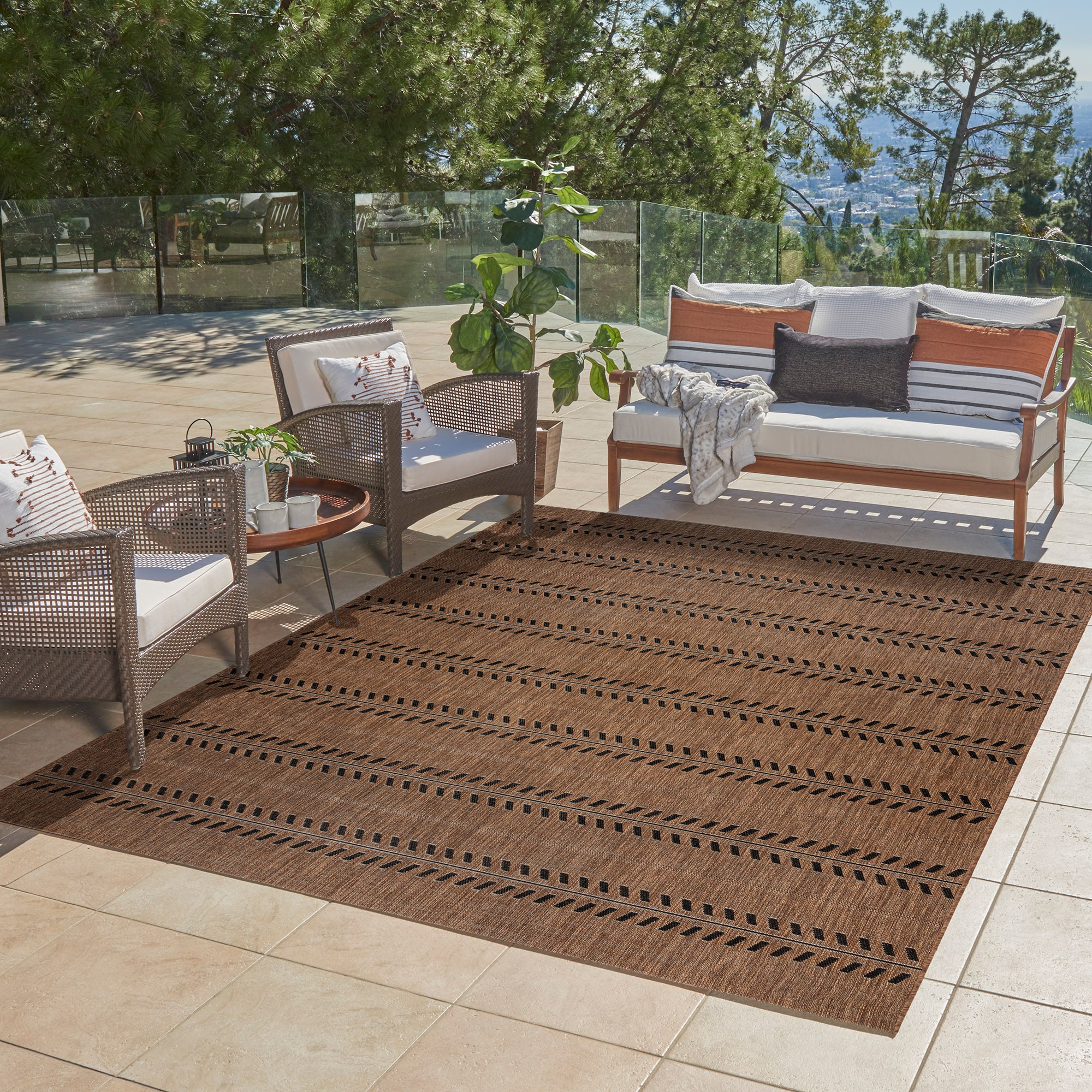 GERTMENIAN 25473 8 x 10 (ft) Polypropylene Havana/Black Rectangular Indoor/Outdoor Stripe Bohemian/Eclectic Area rug