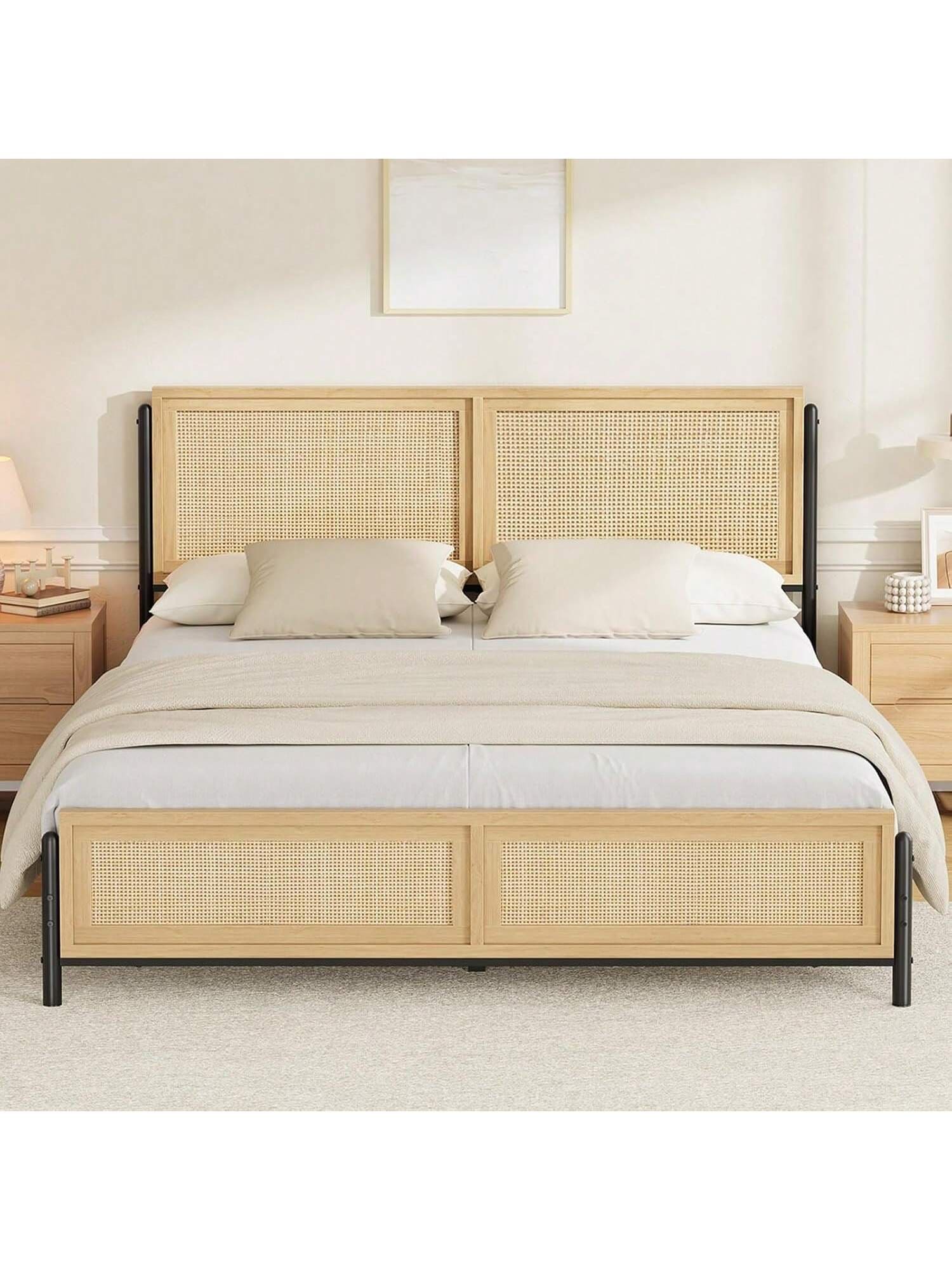 Qeetex BY-PHK-33KKFB77 Queen Bed Frame With Natural Rattan Headboard And Footboard Wooden Full Platform Bed No Box Spring Needed 14 Inch Noise-Free Easy Assemble Metal Bedframe