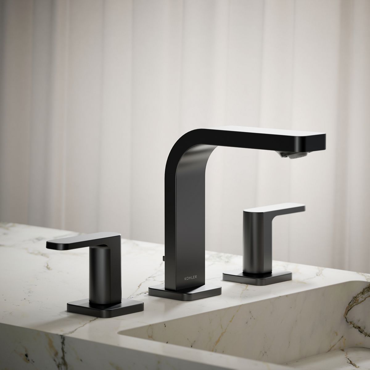 KOHLER K-23484-4K-BL Matte Black Widespread 2-handle WaterSense Low-arc Residential Handle Bathroom Sink Faucet with Drain