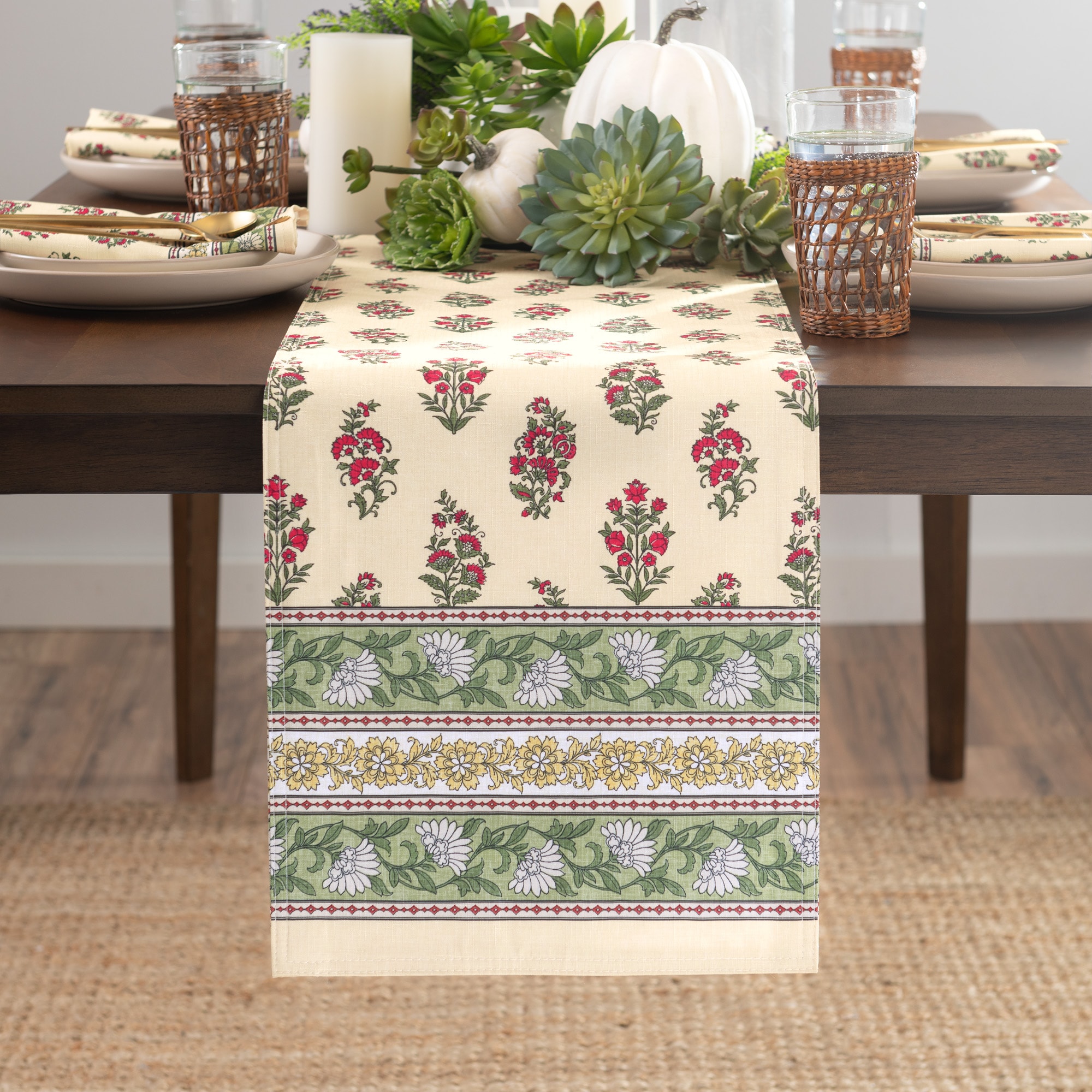Nomad Harvest Beige and Green Polyester Table Runner - 13x70