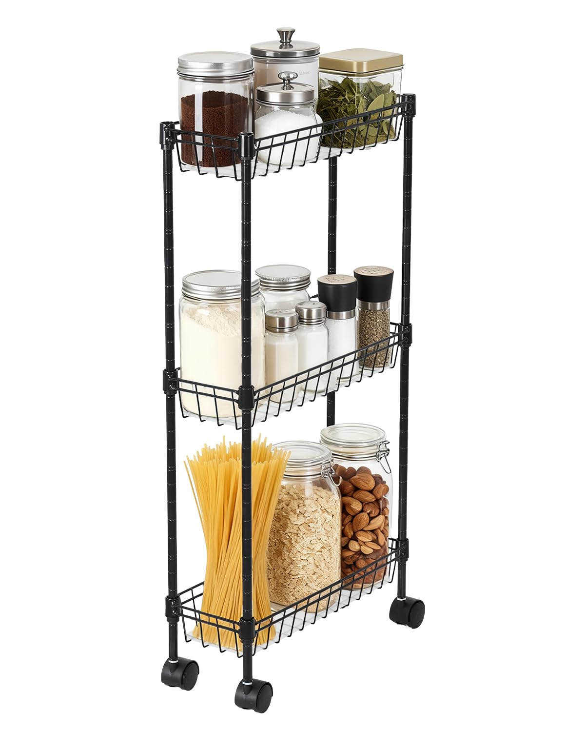GarveeLife Slim Metal Rolling Storage Cart 3/4 Tier Adjustable Utility Rack with Baskets and Wheels Space Saving Organizer