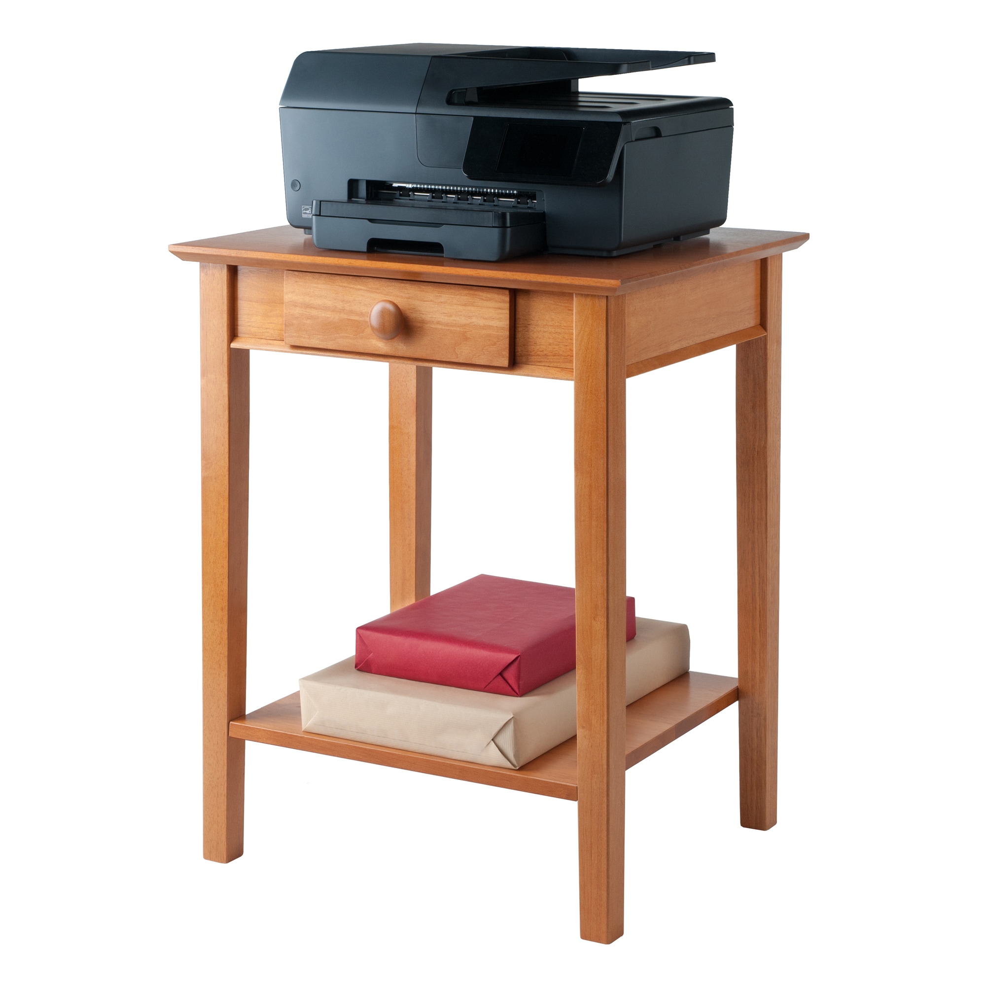 Honey Pine Wood Studio Printer & End Table with Storage Shelf