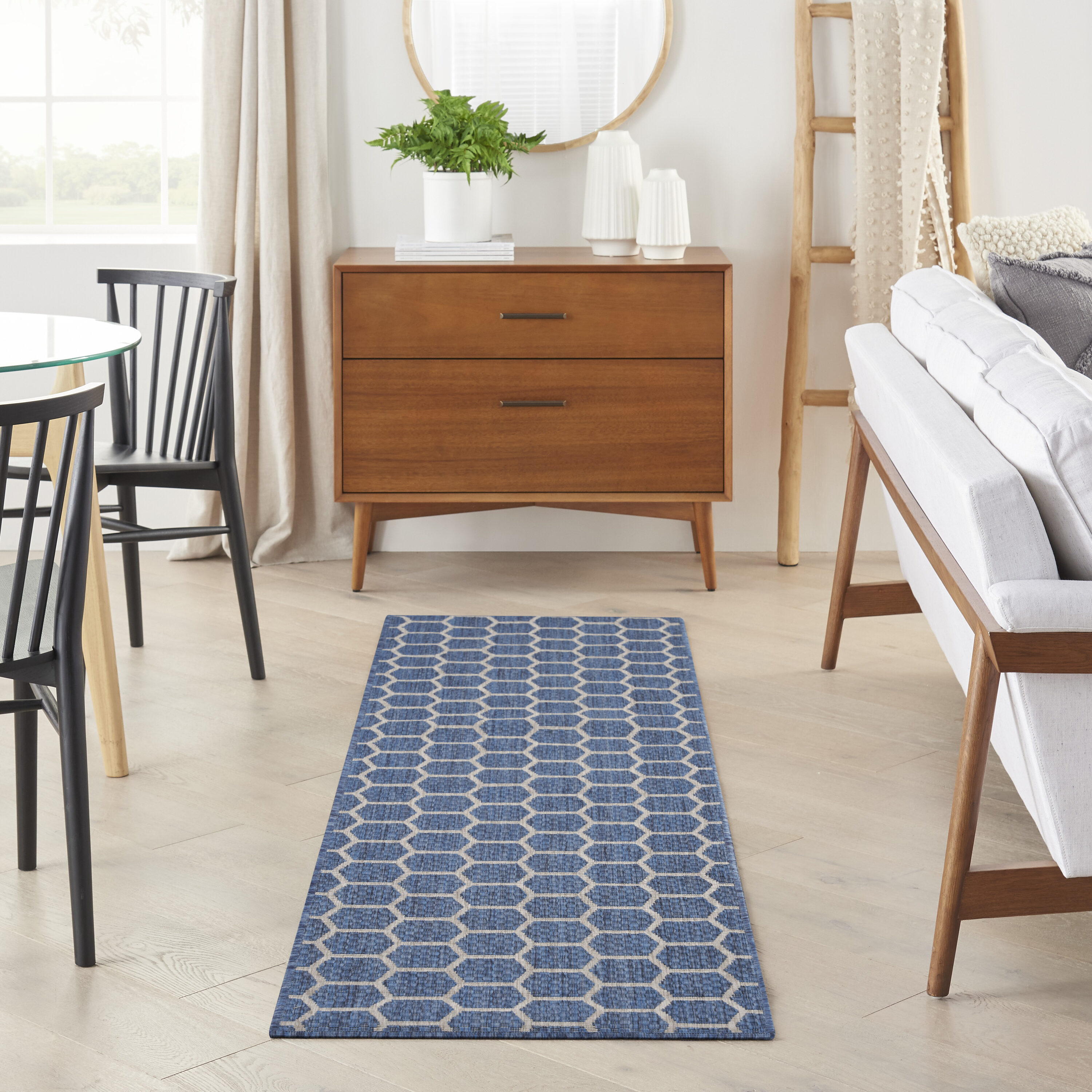 Nourison Home 099446973986 Reversible Indoor Outdoor 2 x 8 (ft) Polyester/Polypropylene Blue Rectangular Indoor/Outdoor Geometric Runner rug