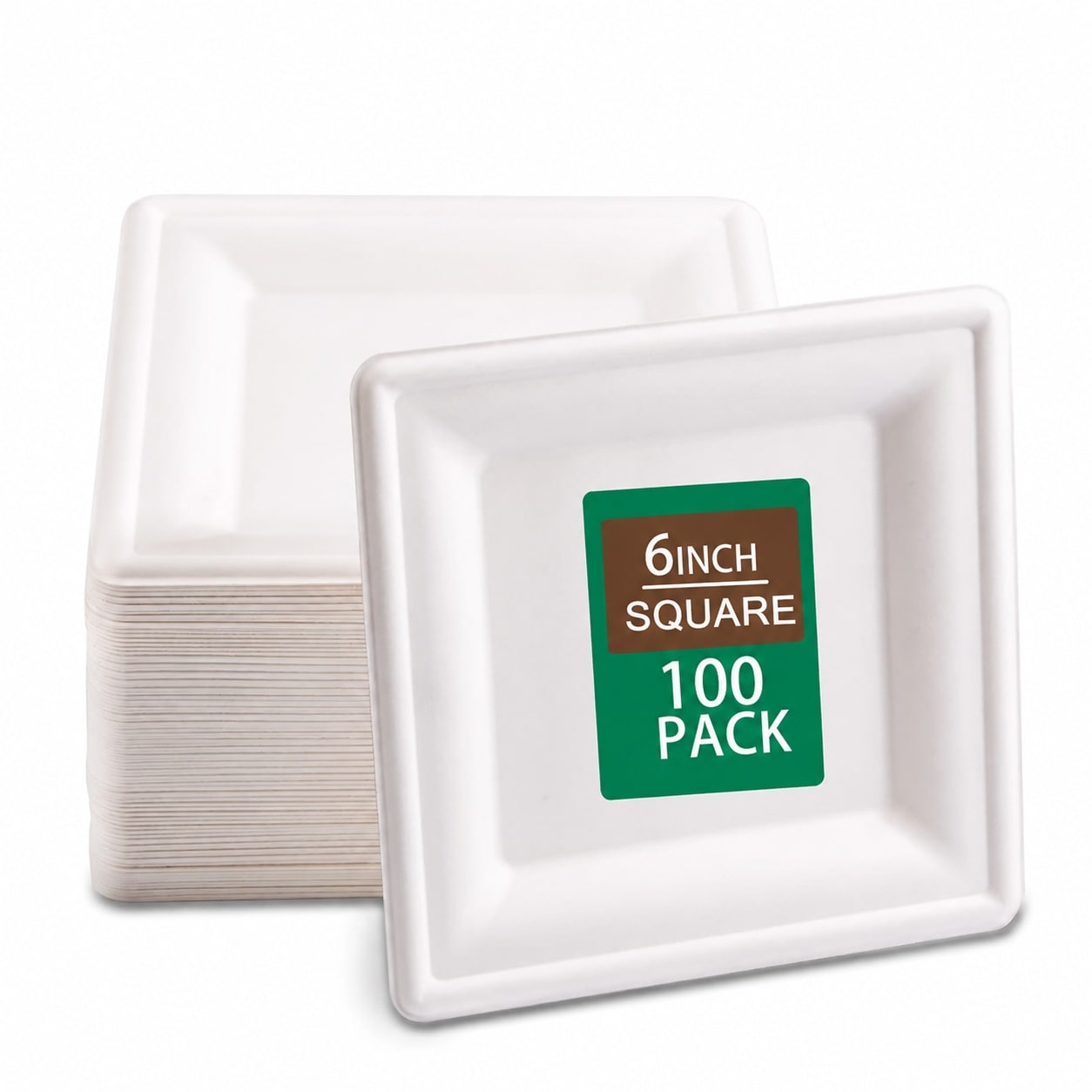 Etokfoks  6 in Natural White Disposable Sugarcane Fiber Square Plates Eco Friendly Compostable Tableware 100 pcs