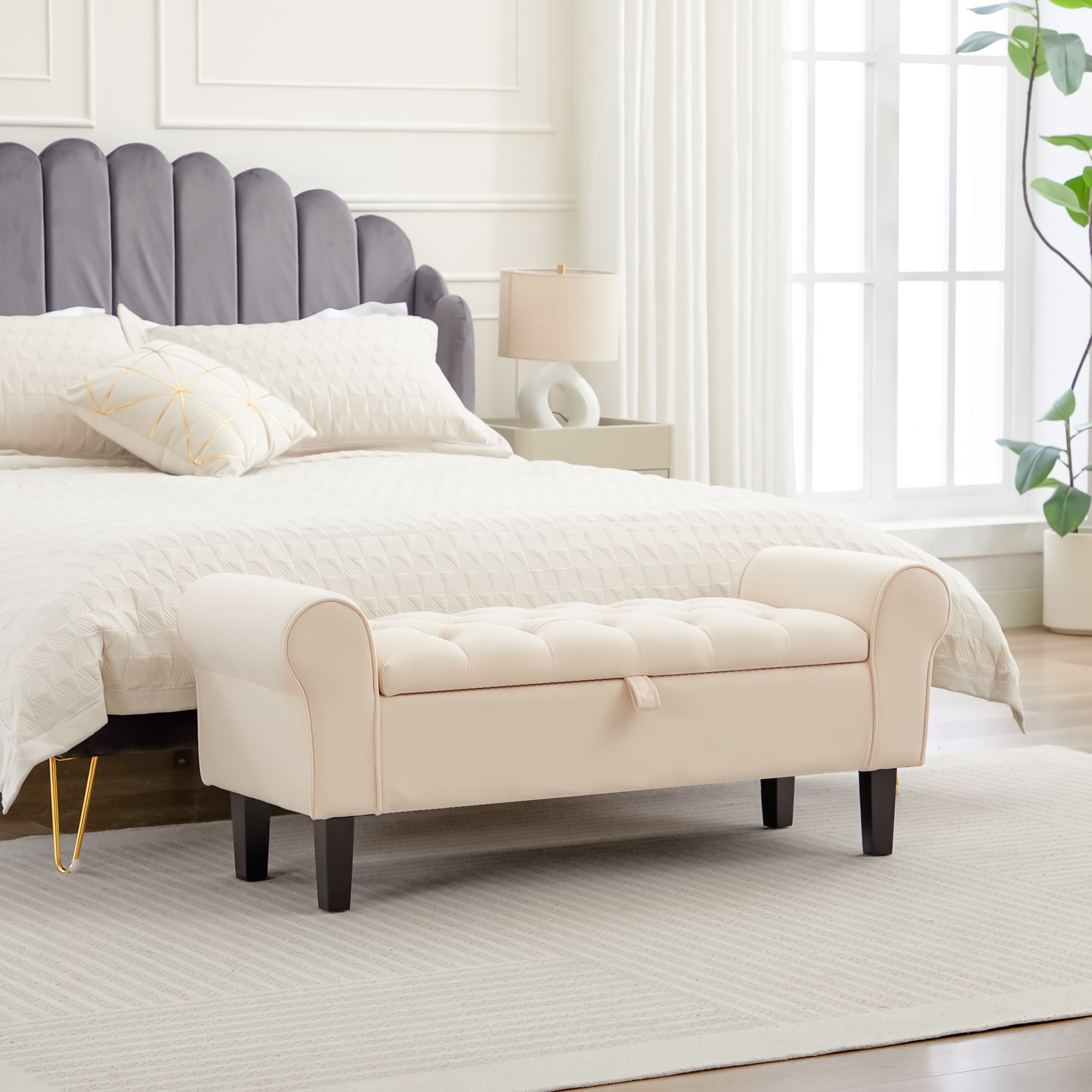 JEAREY JE-27-DG-2 Storage Bench Casual Beige Velvet Storage Ottoman