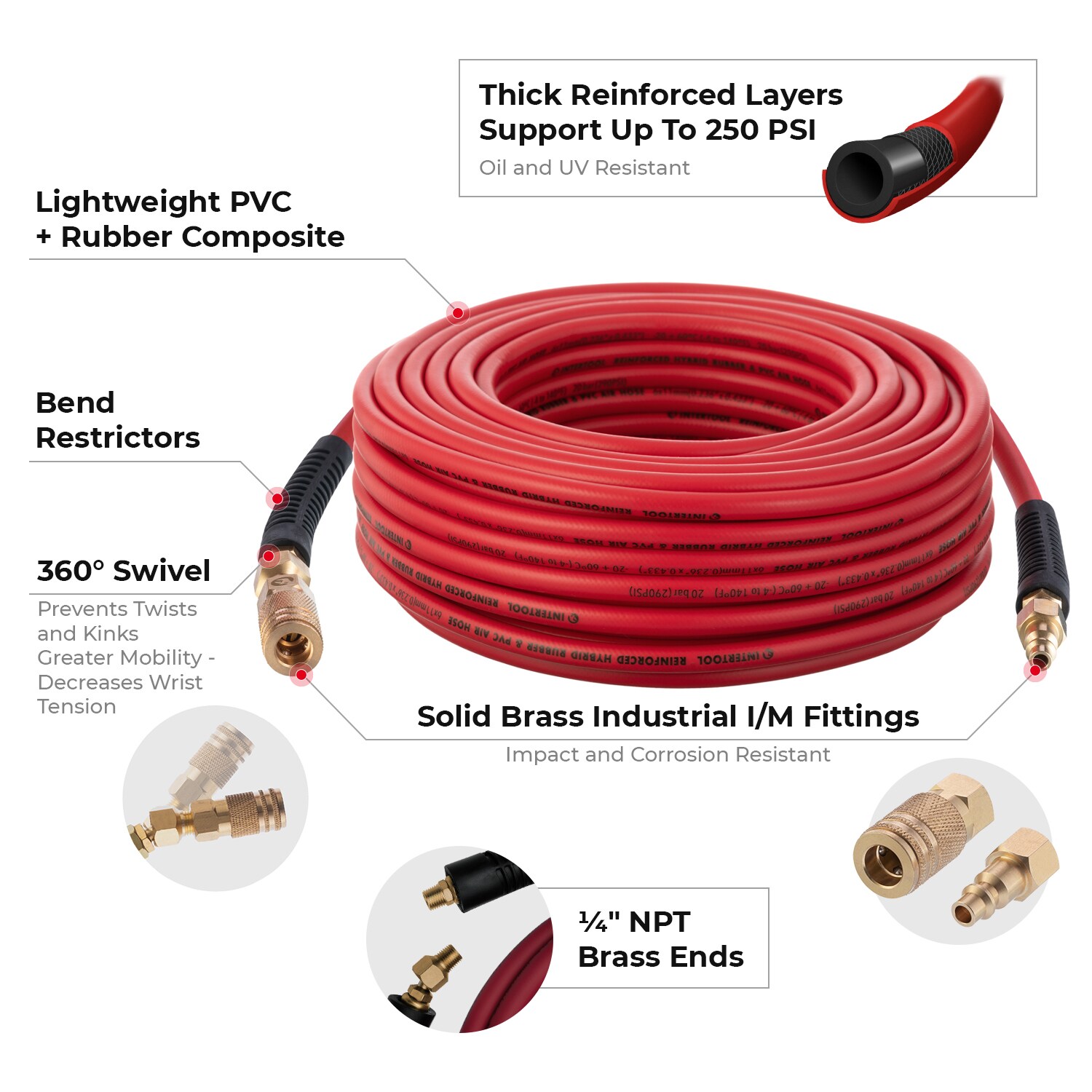 INTERTOOL 1/4 in X 100-ft Hybrid Air Hose W/ Brass Fittings and