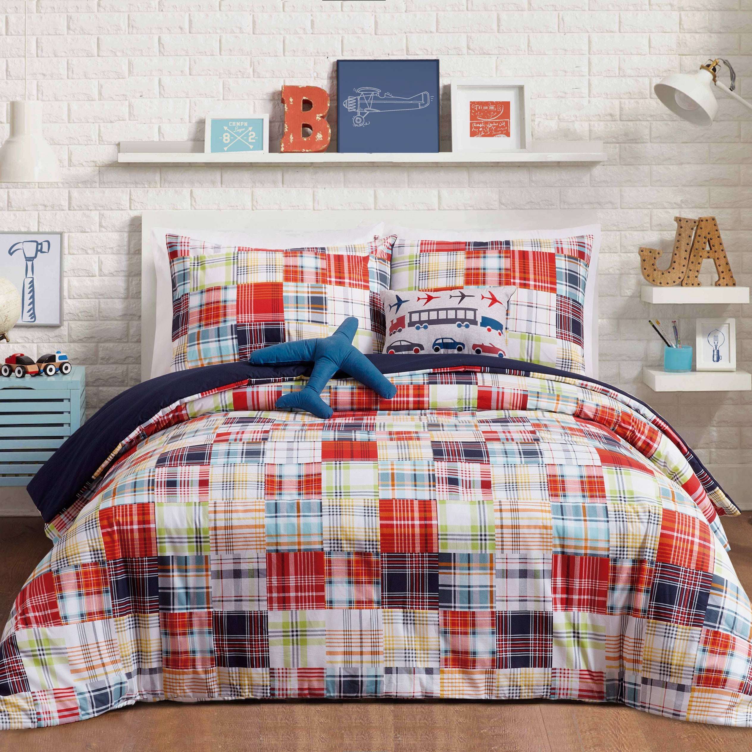 Full Blue Cotton Plaid Kids Comforter Set