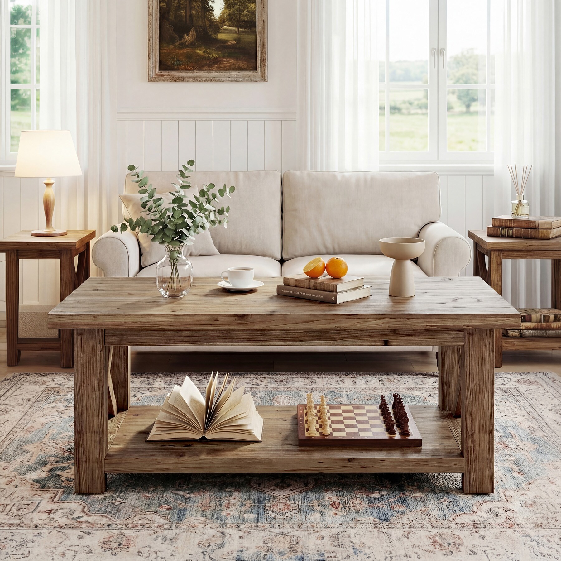 LITTLE TREE 47.24 inch Solid Wood Farmhouse Brown Coffee Table with X ...