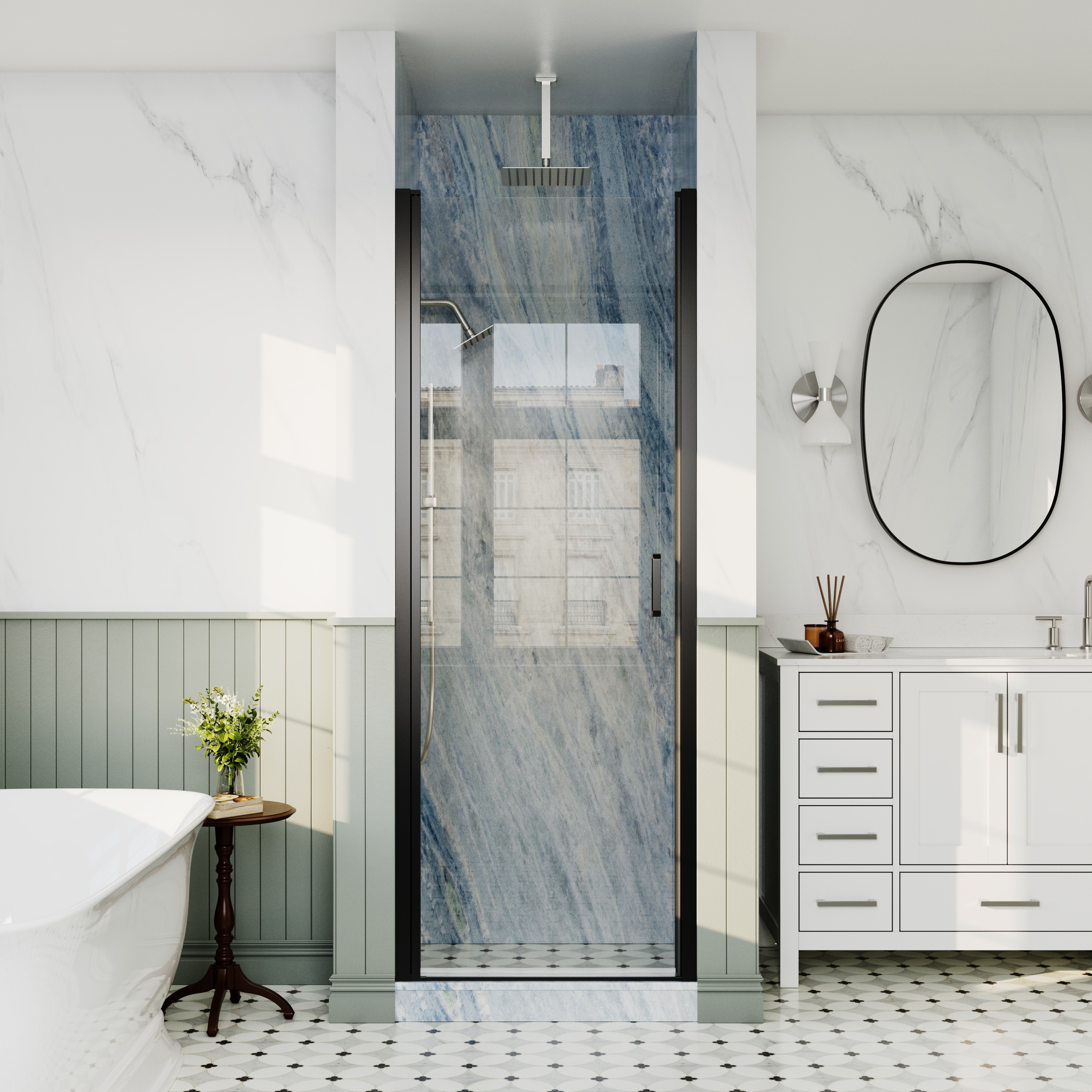 ANGELES HOME  APEX 28-7/16-in to-30-in W x 72-in H Semi-Frameless Pivot Shower Door in Matte Black