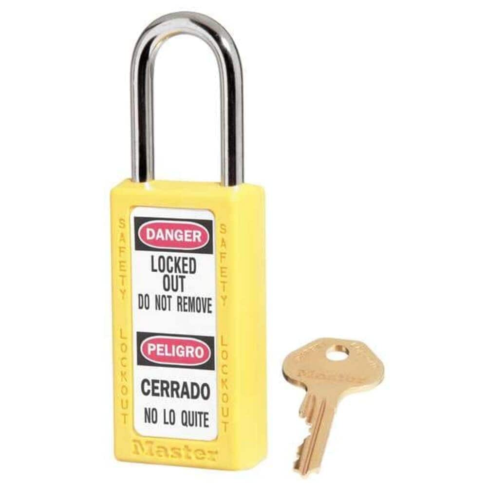Master Lock Lockout Padlock Keyed Alike Thermoplastic Yellow 1 1/2 in Shackle Height 1 1/2 in Body Width #411KAS12YLW