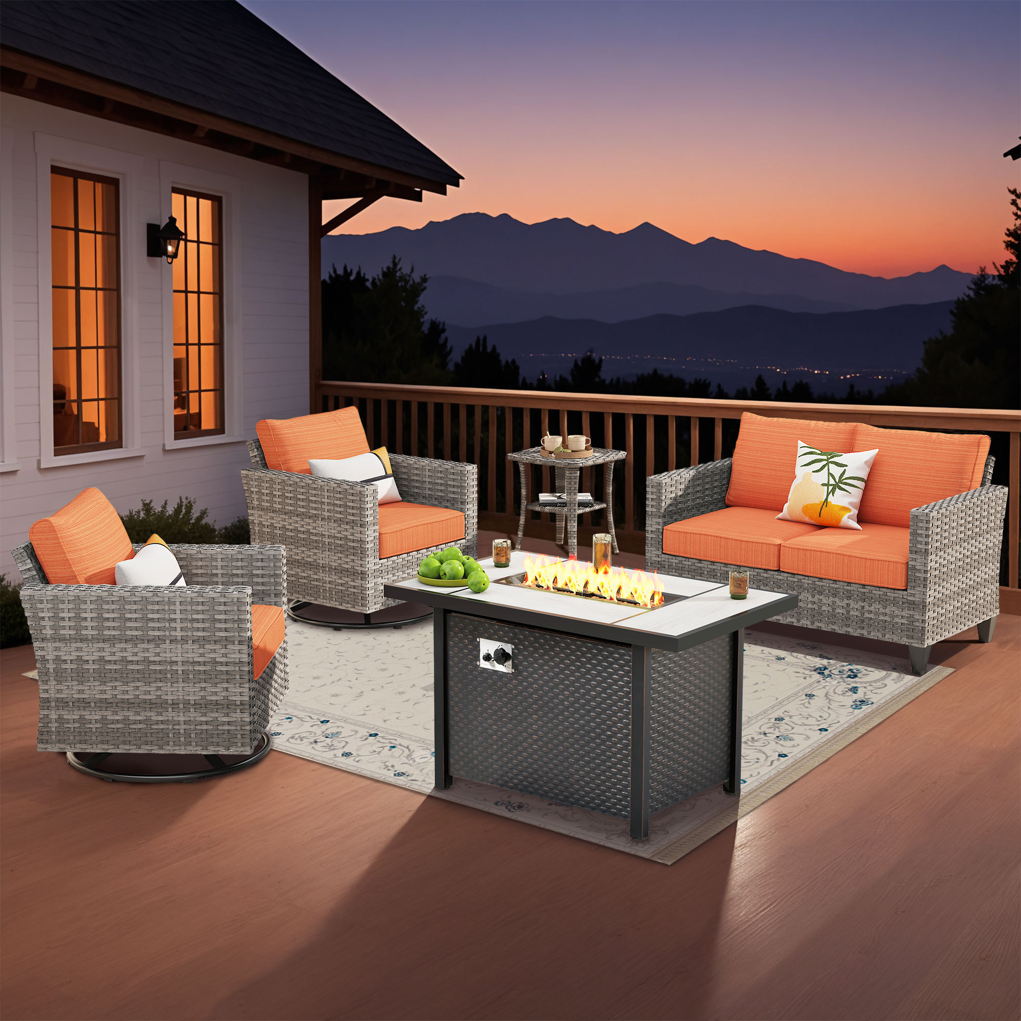Pouuin SYZGR805 5 -Piece Wicker Patio Conversation Set with Orange Cushions