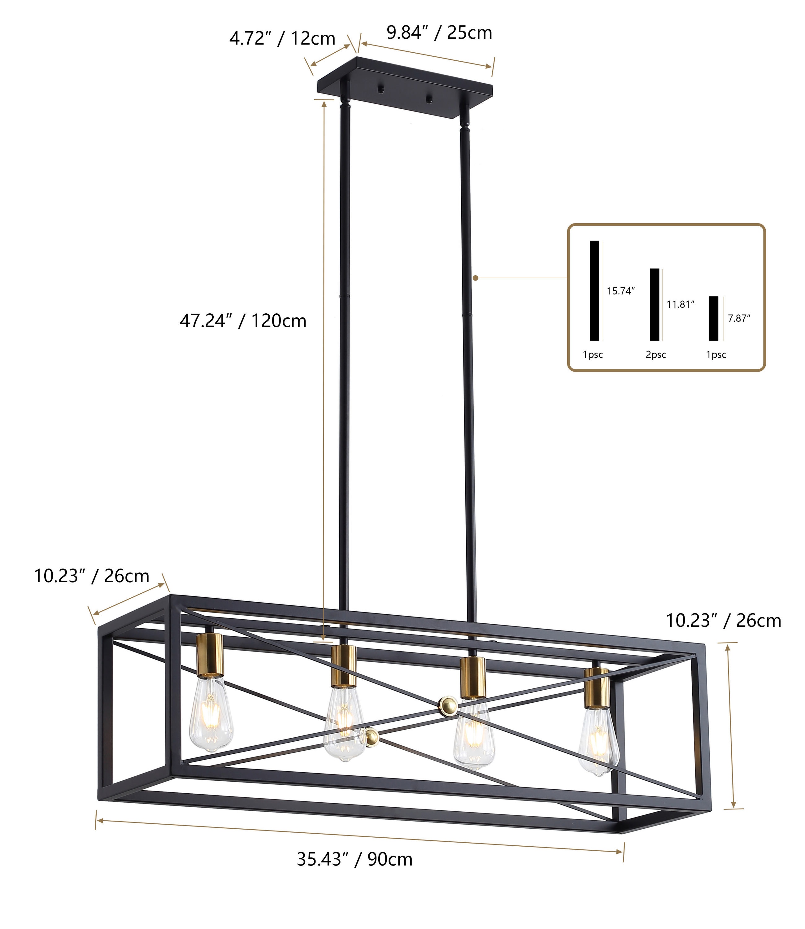 Matte Black Metal 4-Light Kitchen Island Pendant